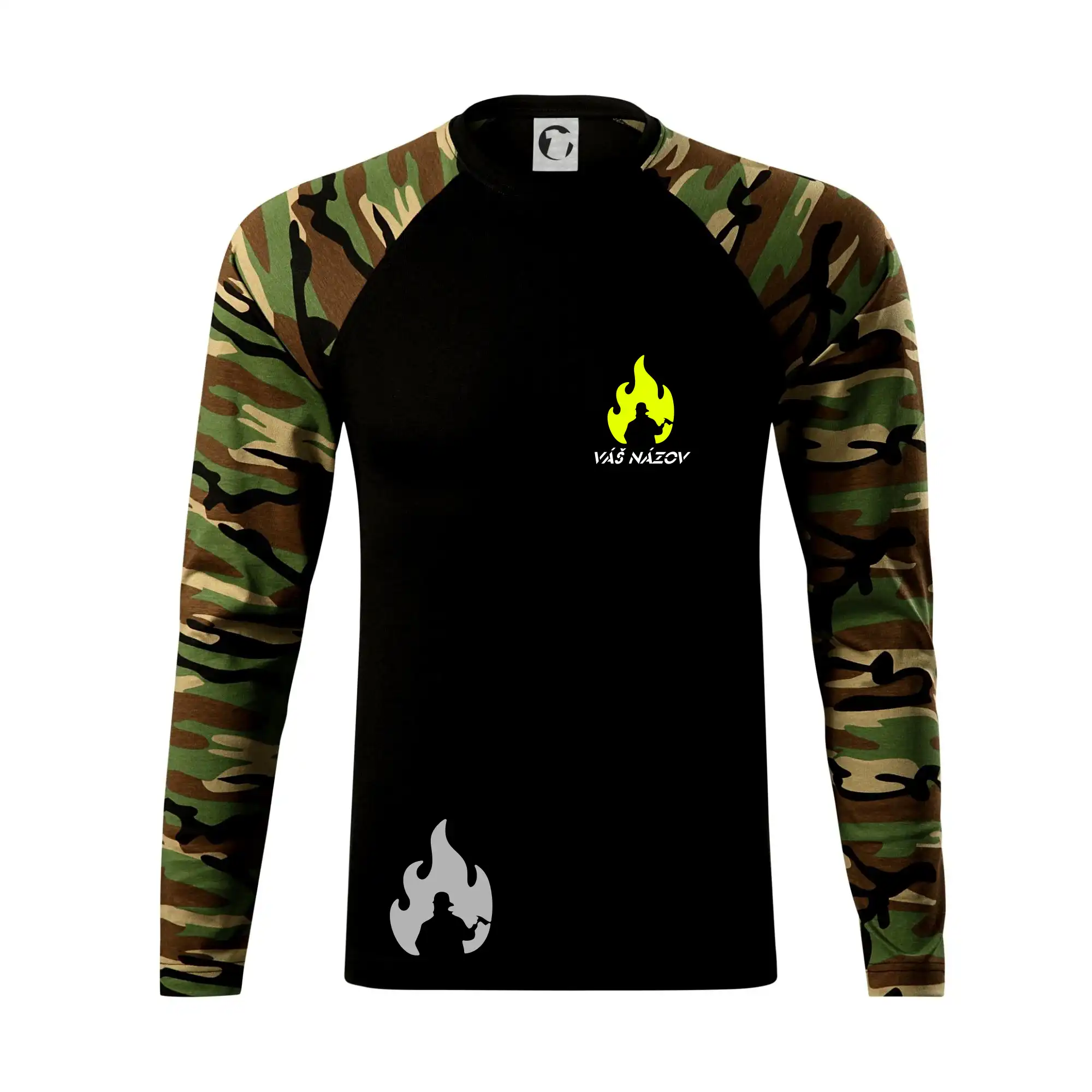 Originálne tričká pre hasičov - Hasiči - oheň - Váš názov - Prsník + chrbát - Camouflage LS