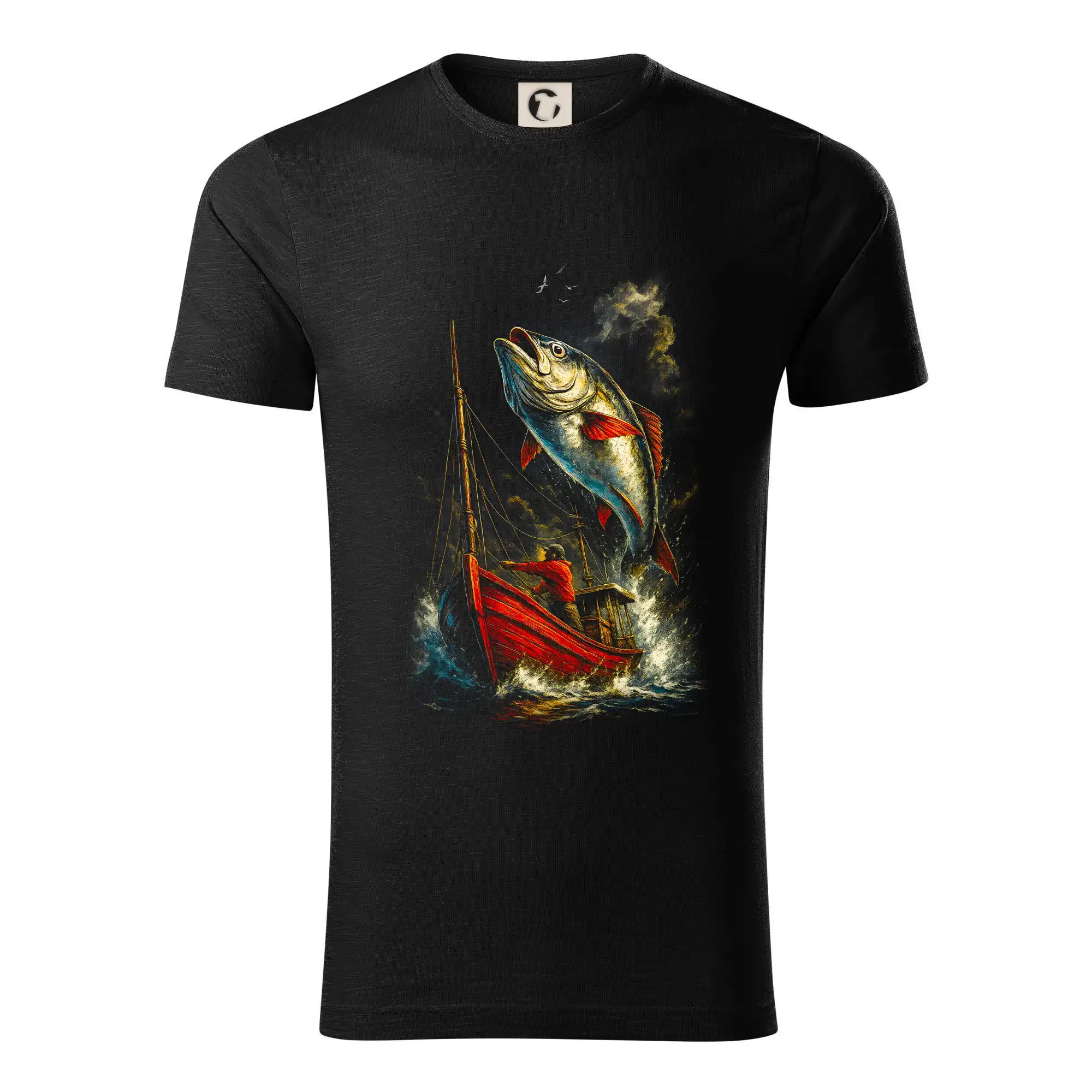 Tričká pre rybárov s potlačou - Obrázok červená loď a ryba - Tričko z organickej bavlny