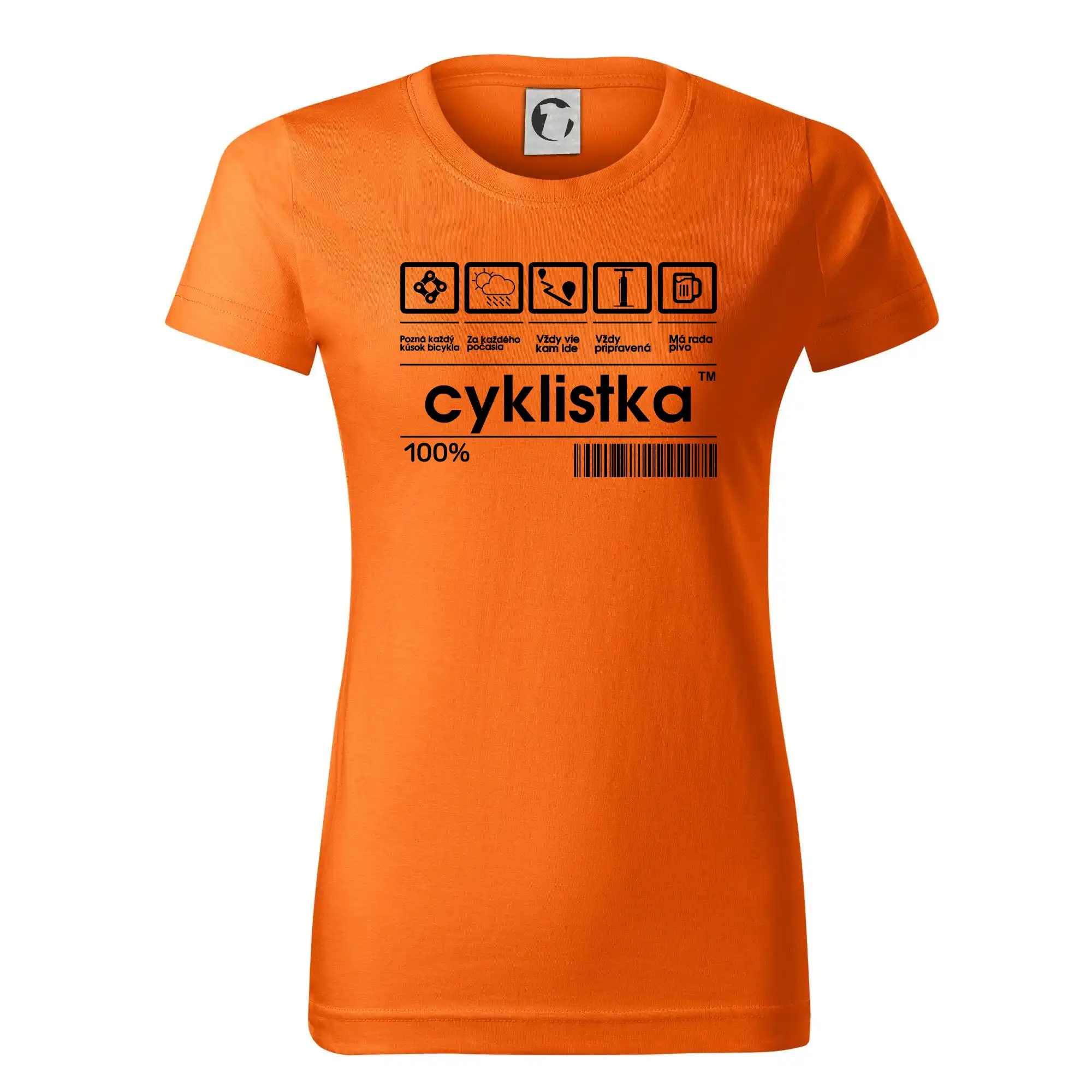 Tričko ako darček pre cyklistu - Čiarový kód - cyklistka - Dámske tričko basic - ľahko voľnejšie a dlhšie
