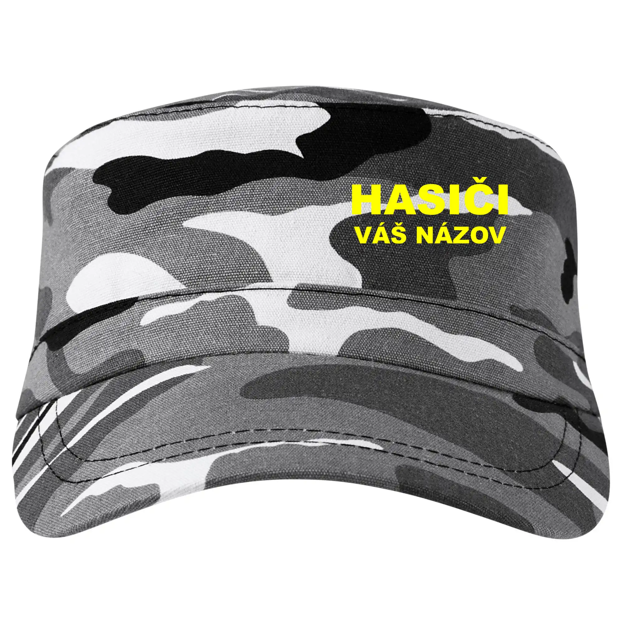 Originálne tričká pre hasičov - Hasiči - žltý nápis - váš názov zboru - Šiltovka CAMO
