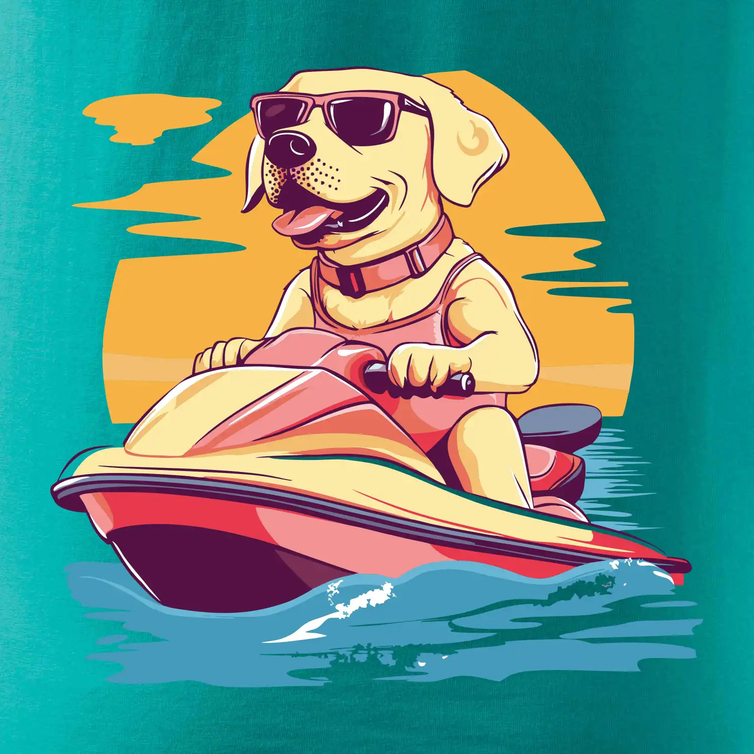 Zlatý retrívr na vodním skútru