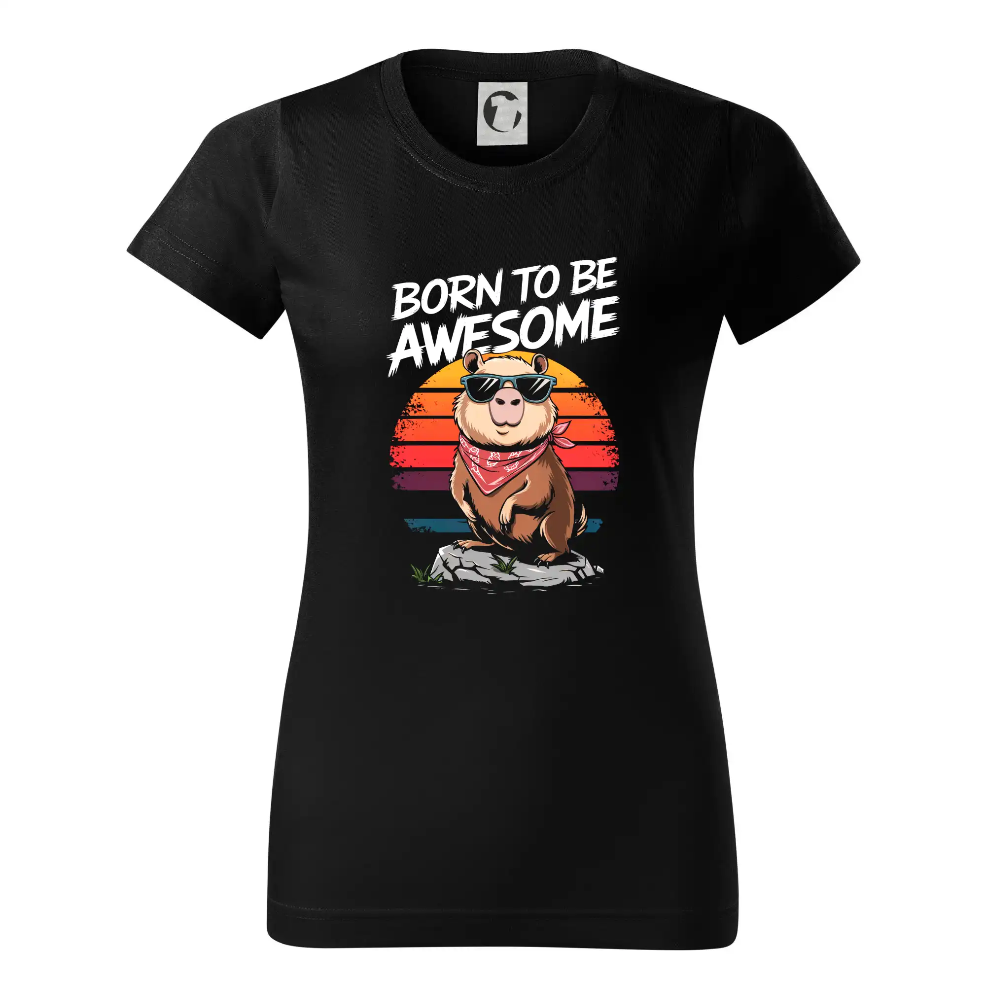 Tričká so zvieratami - Capybara born be awesome nápis hore - Dámske tričko basic - ľahko voľnejšie a dlhšie