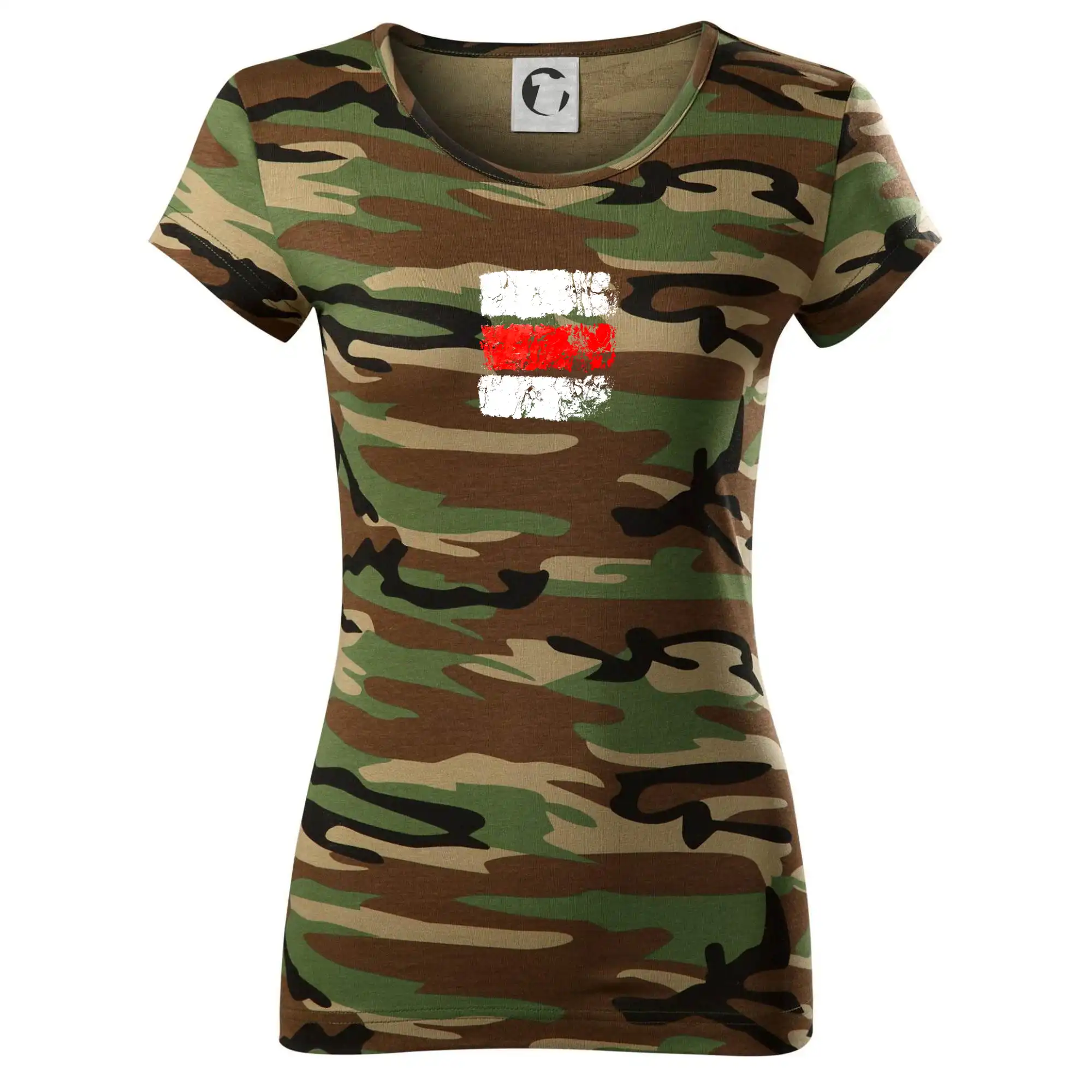 Trička pre cestovateľov - Turistická značka - červená - Dámske maskáčové tričko