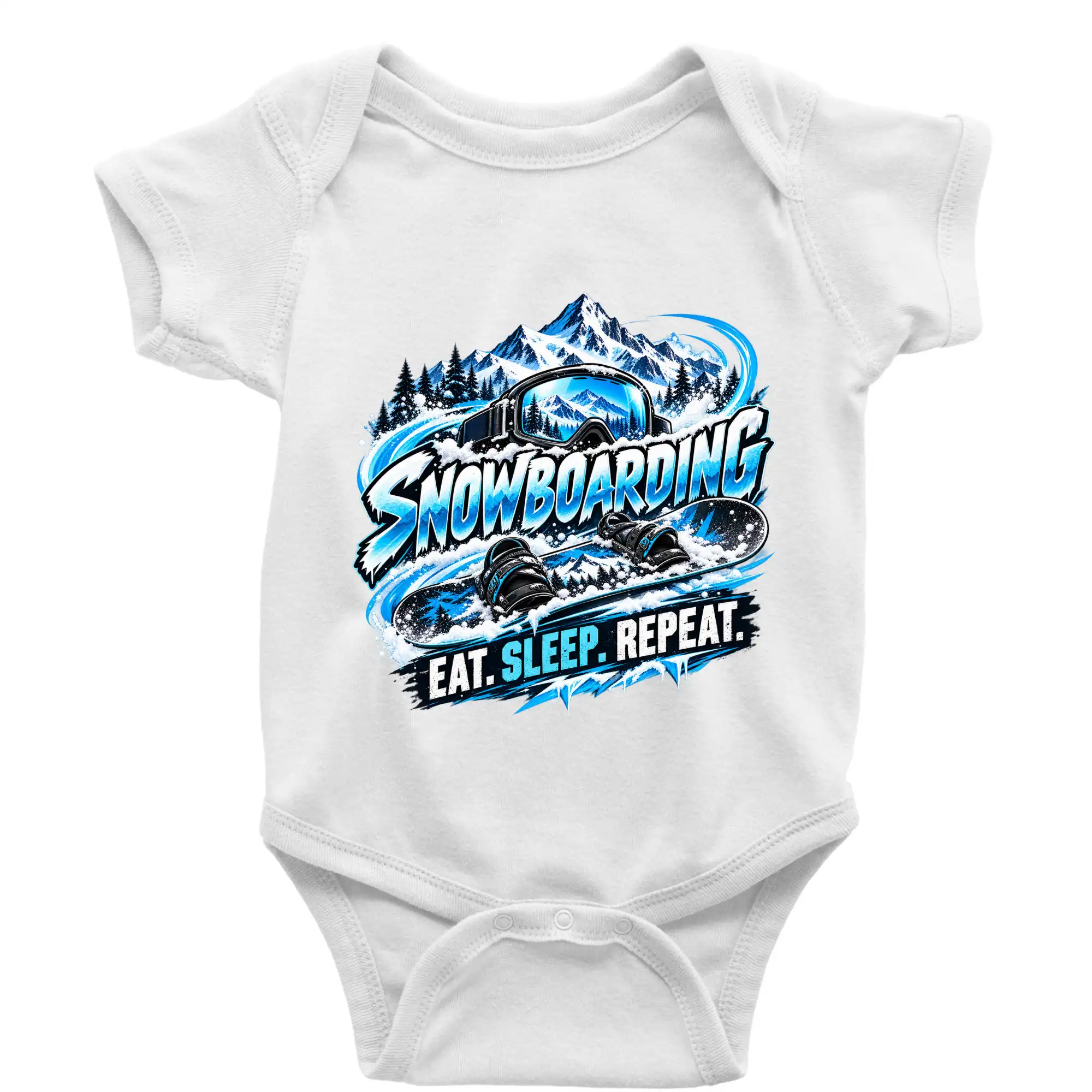 Snowboard s horským sněhem eat sleep repeat
