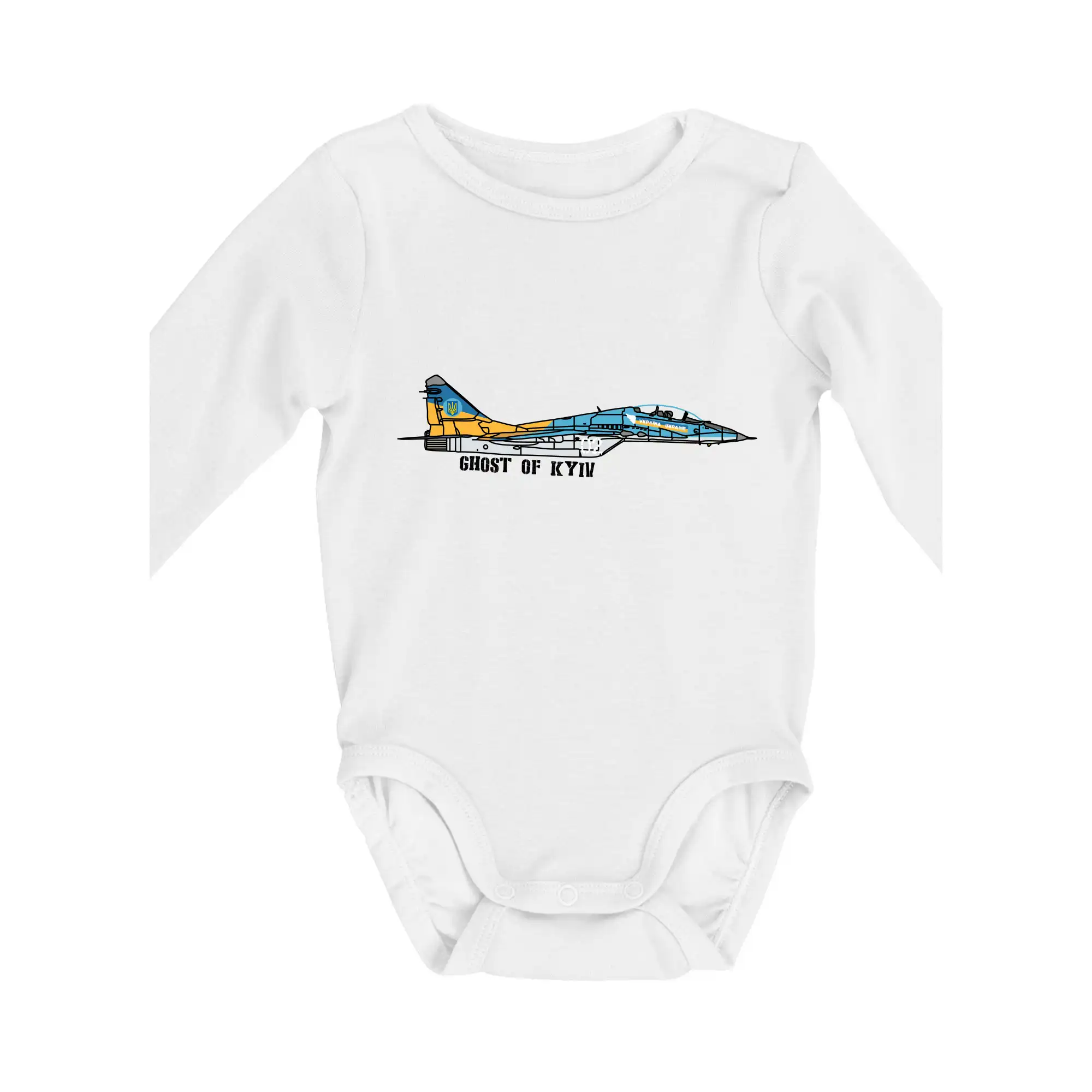 Tričká s vlajkou ukrajiny - Mig 29 Fulcrum Blue-Yellow - Ghost of Kyiv - Body dojčenské s dlhým rukávom