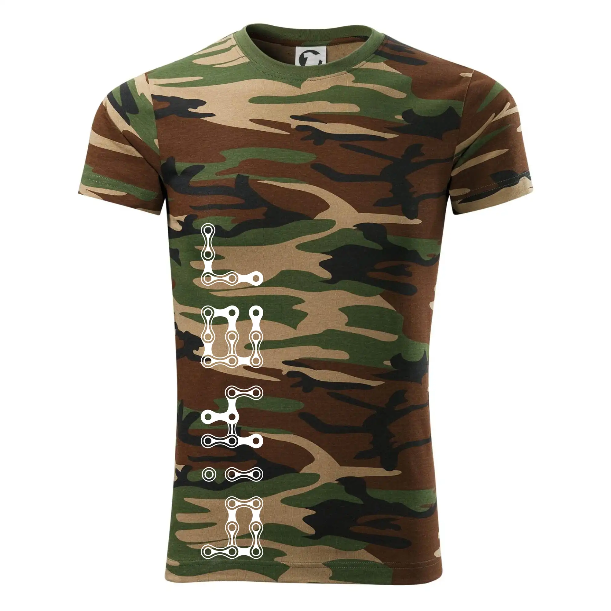 Tričko ako darček pre cyklistu - Biker nápis na výšku reťaz - Army CAMOUFLAGE