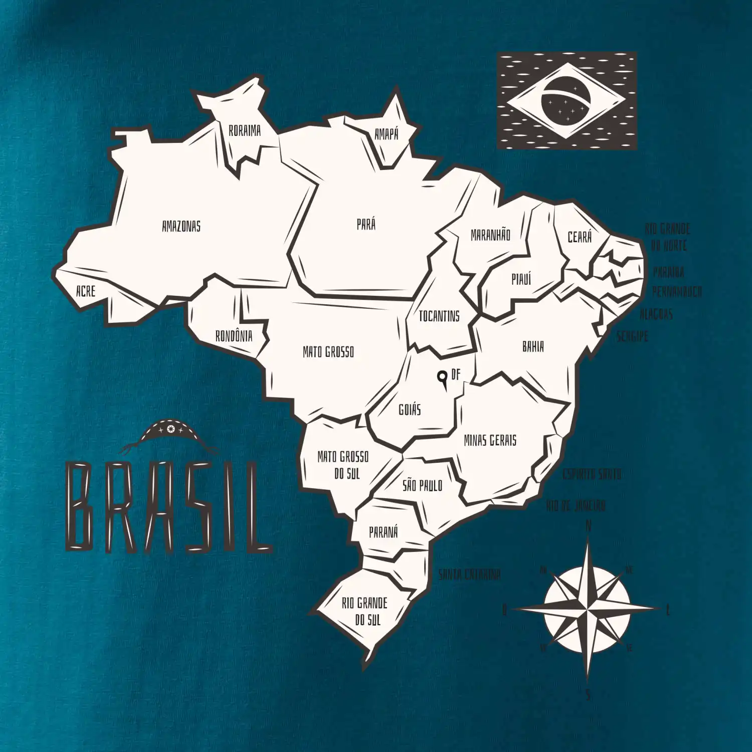 Brazílie mapa s názvy regionů