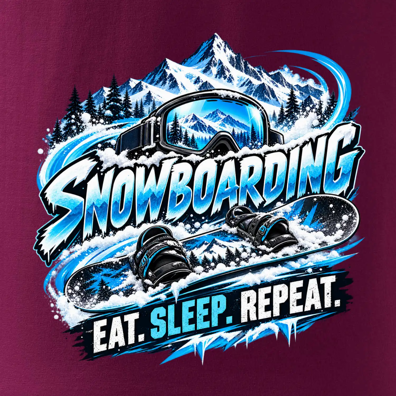 Snowboard s horským sněhem eat sleep repeat