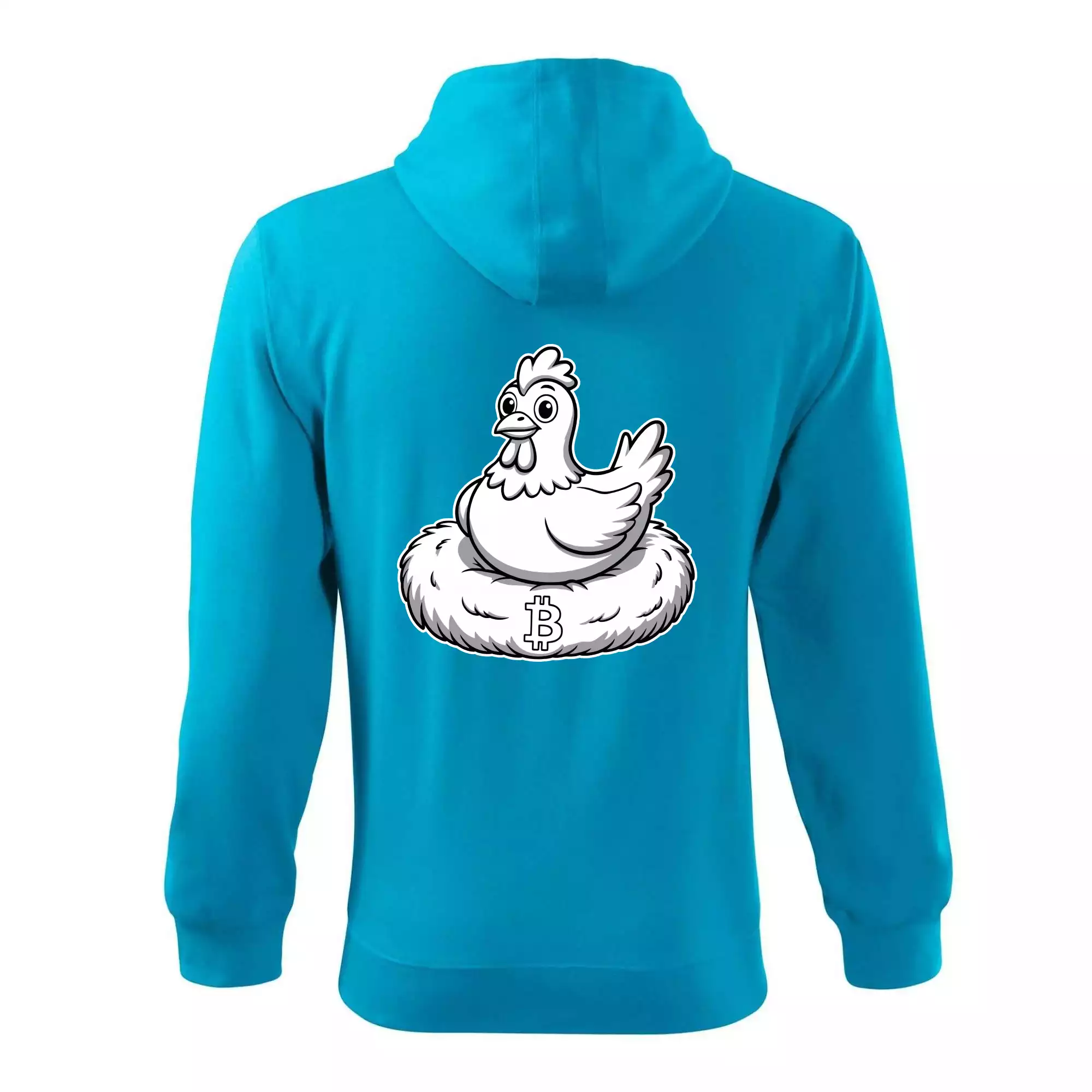 Kuře sedící na bitcoinovém hnízdě