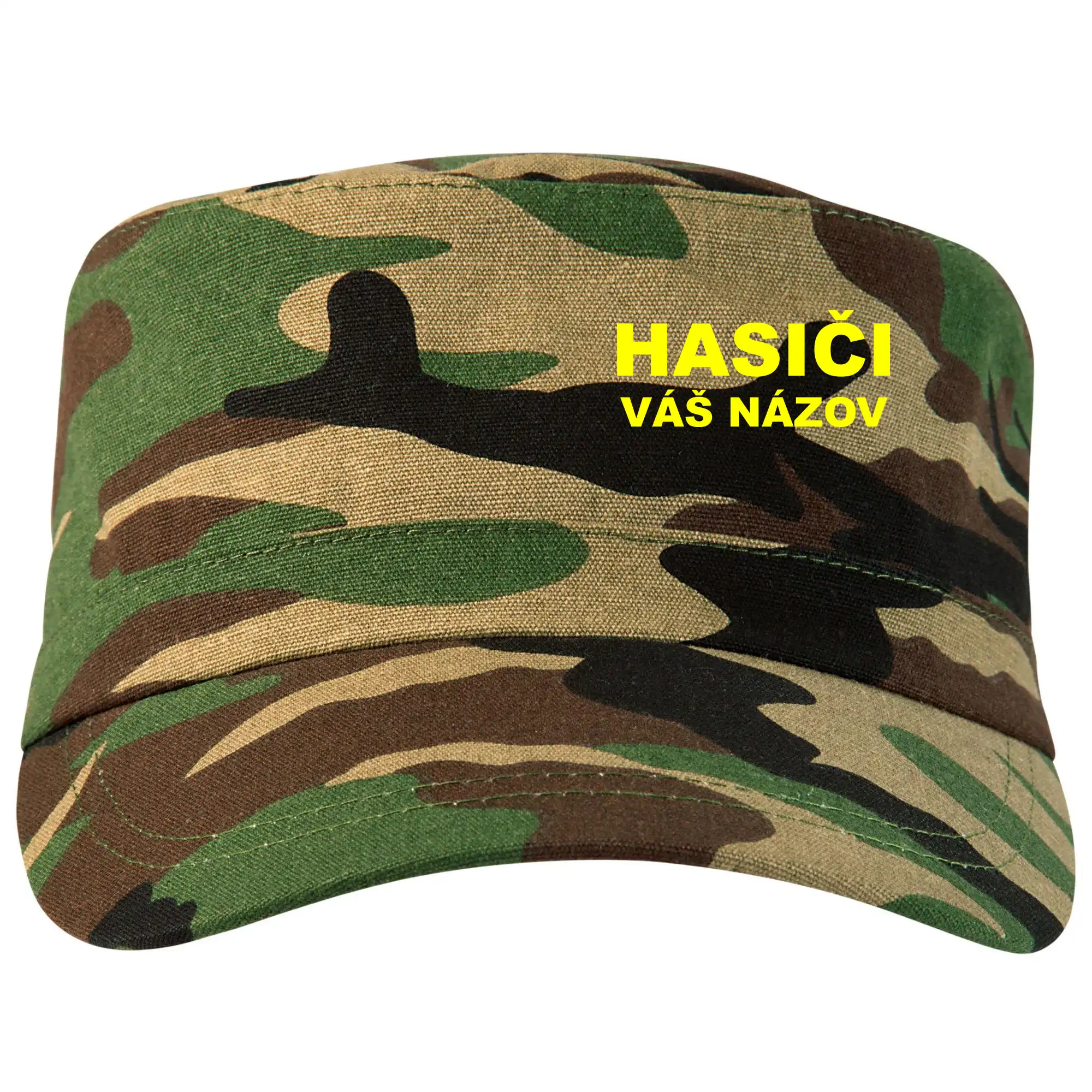 Originálne tričká pre hasičov - Hasiči - žltý nápis - váš názov zboru - Šiltovka CAMO