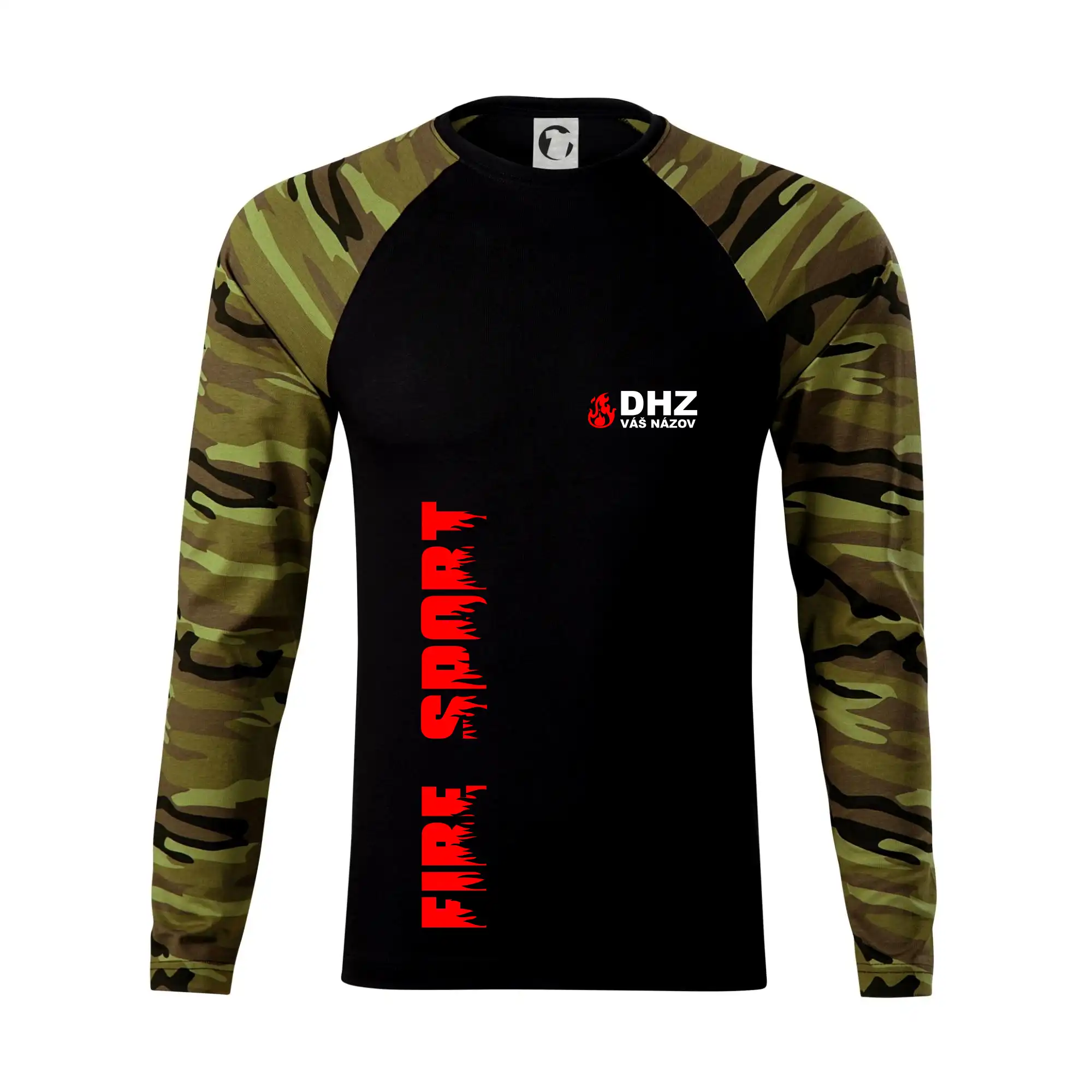 Originálne tričká pre hasičov - DHZ (oheň, firesport, názov sboru - vlastný nápis) - Camouflage LS