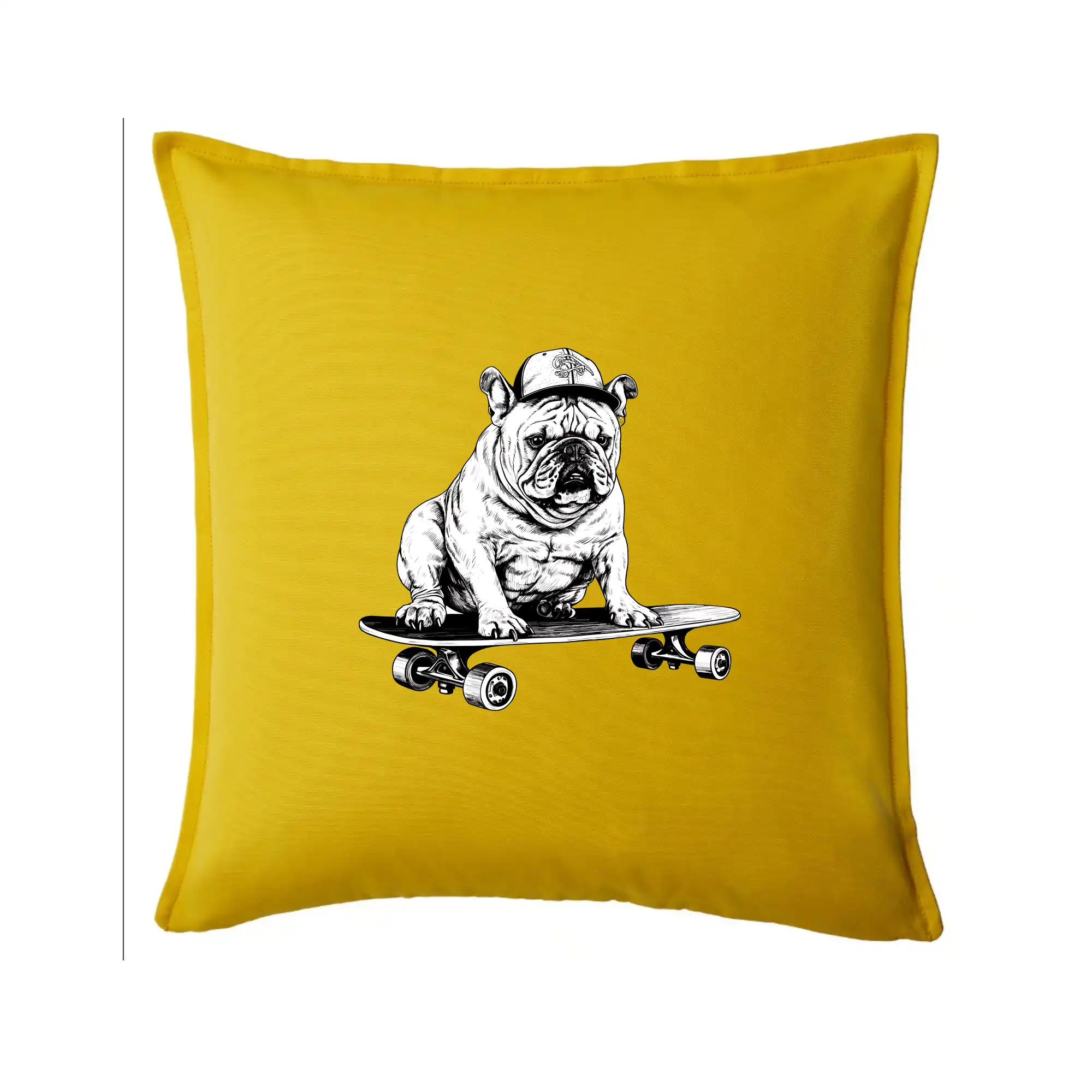 Černobílý buldok na skateboardu