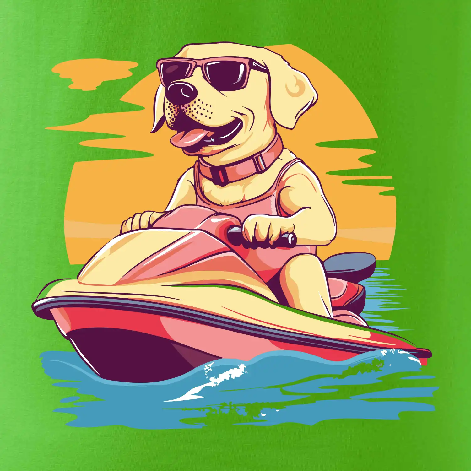 Zlatý retrívr na vodním skútru