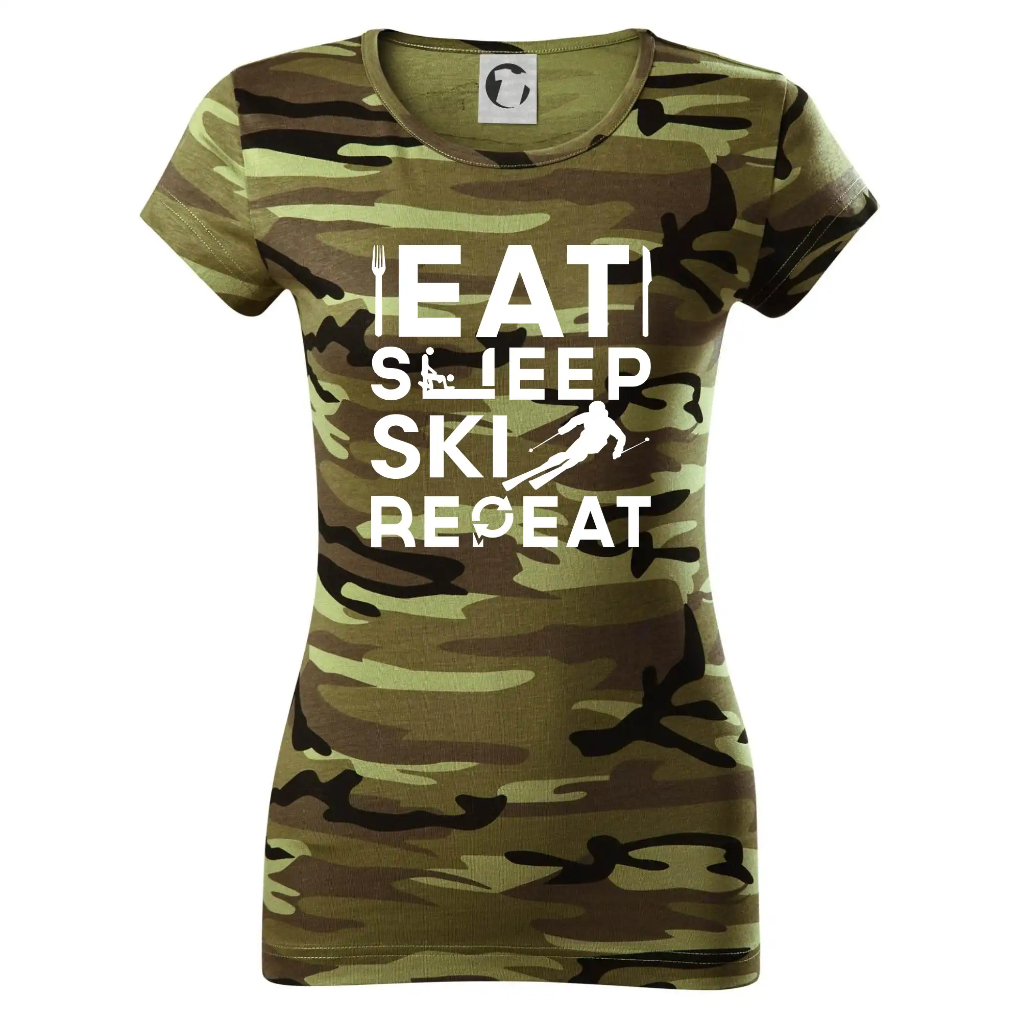 Lyže a Snowboard - Eat sleep ski repeat - Dámske maskáčové tričko