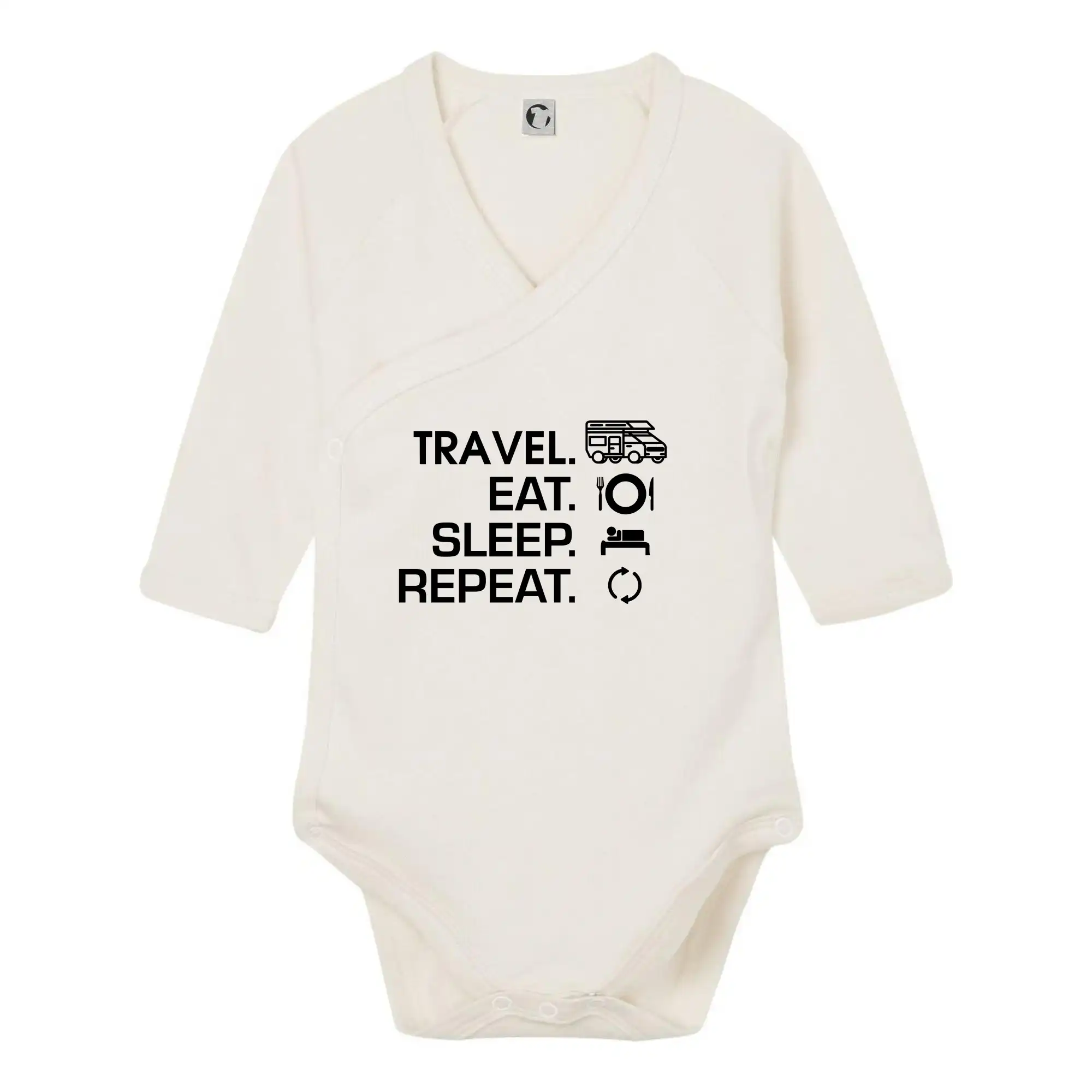 Trička na kempovanie - Eat sleep travel - alkovna - Body zavinovacie s dlhým rukávom