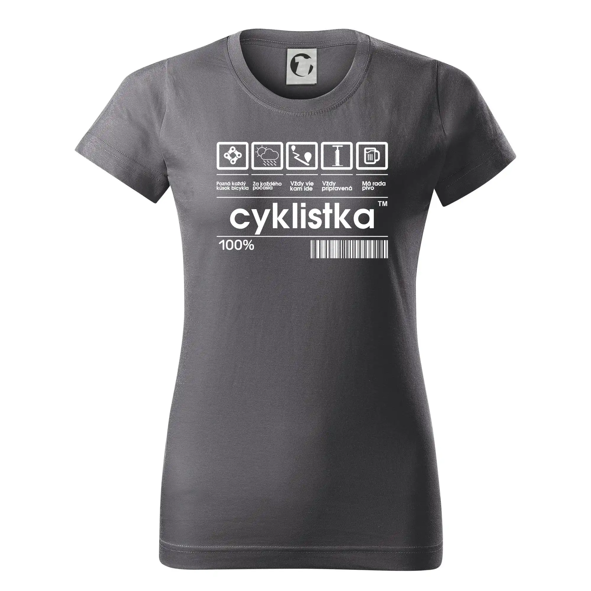 Tričko ako darček pre cyklistu - Čiarový kód - cyklistka - Dámske tričko basic - ľahko voľnejšie a dlhšie