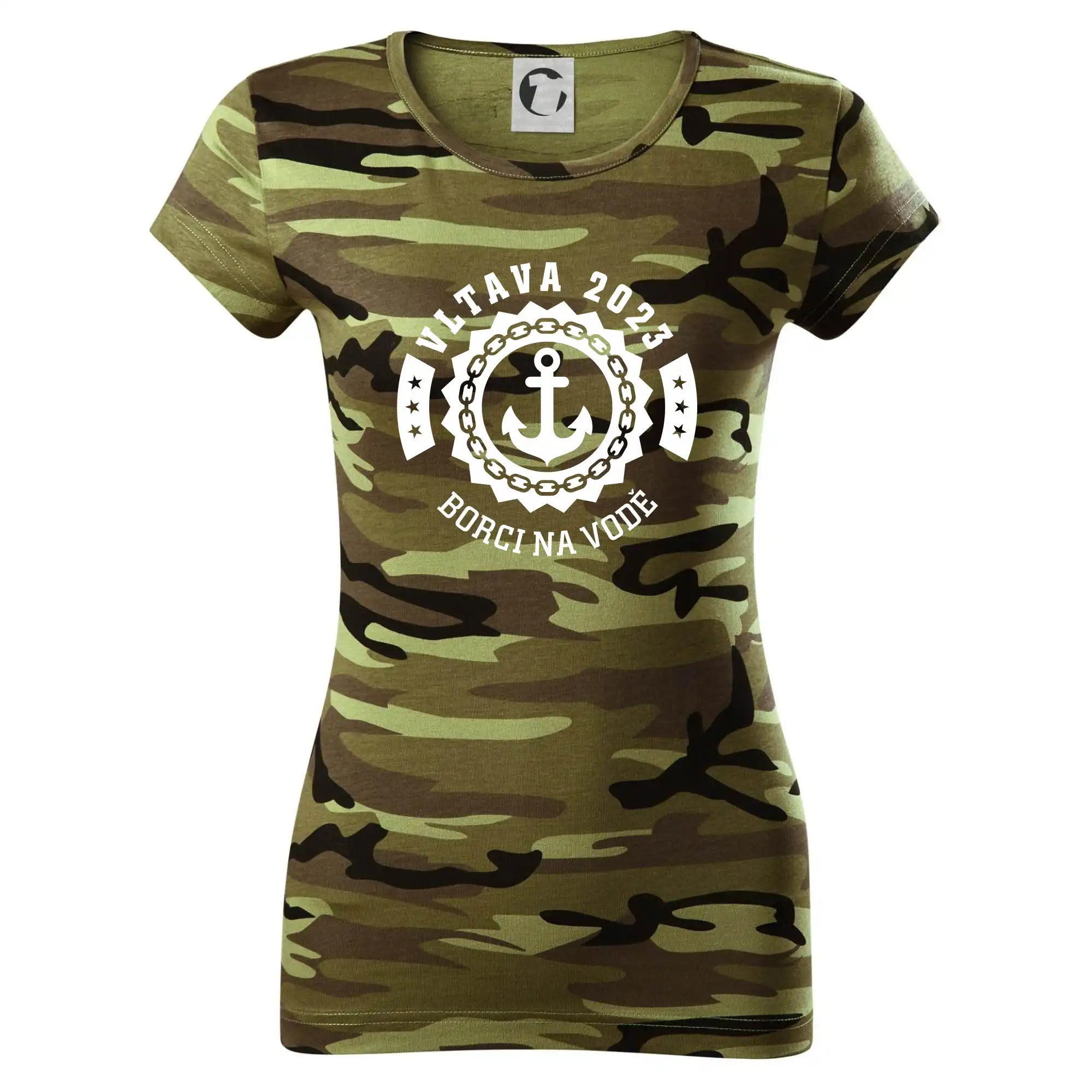 Vodácke tričká - K vode - kotva (vlastný nápis) - Dámske maskáčové tričko