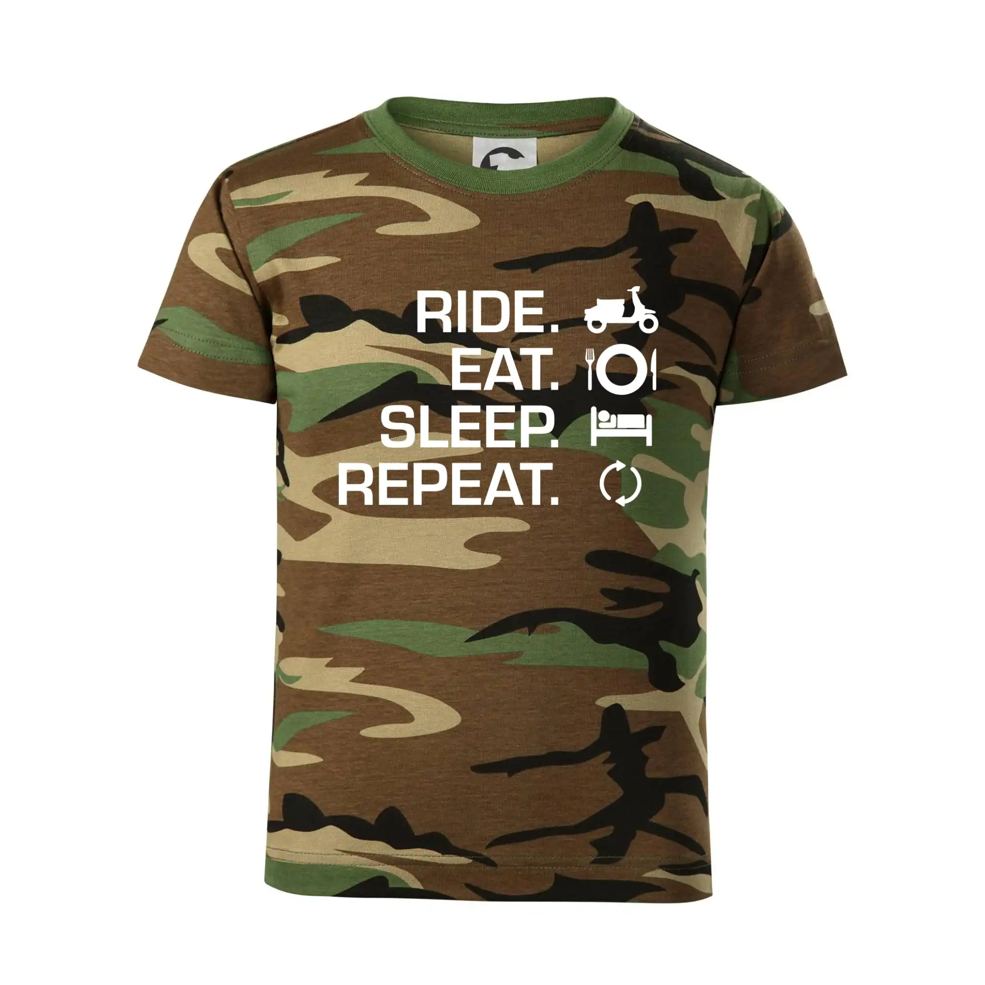 Tričko sa skútrom - Ride Eat Sleep Repeat moto skúter - Detské maskáčové tričko