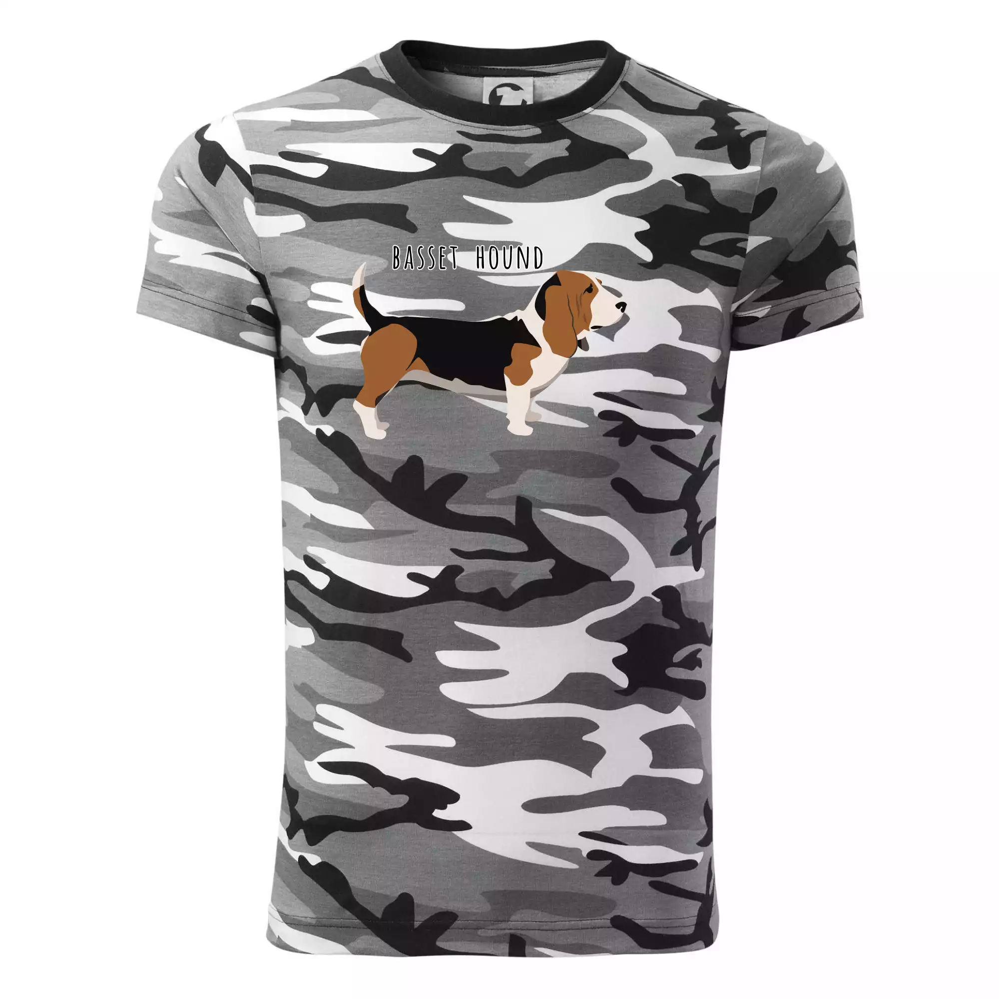 Basset hound pes s nápisem