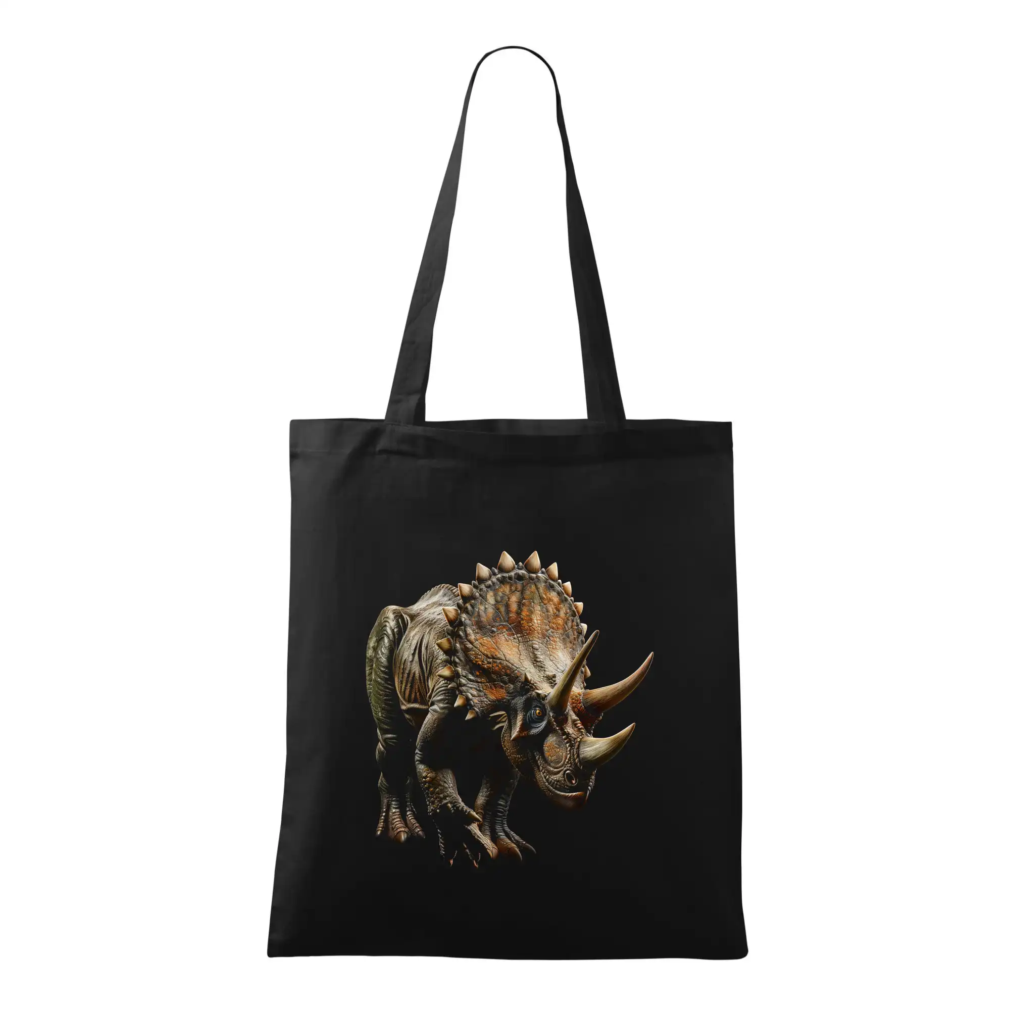 Tričká so zvieratami - Triceratops z boku čierna fotka - Taška bavlnená