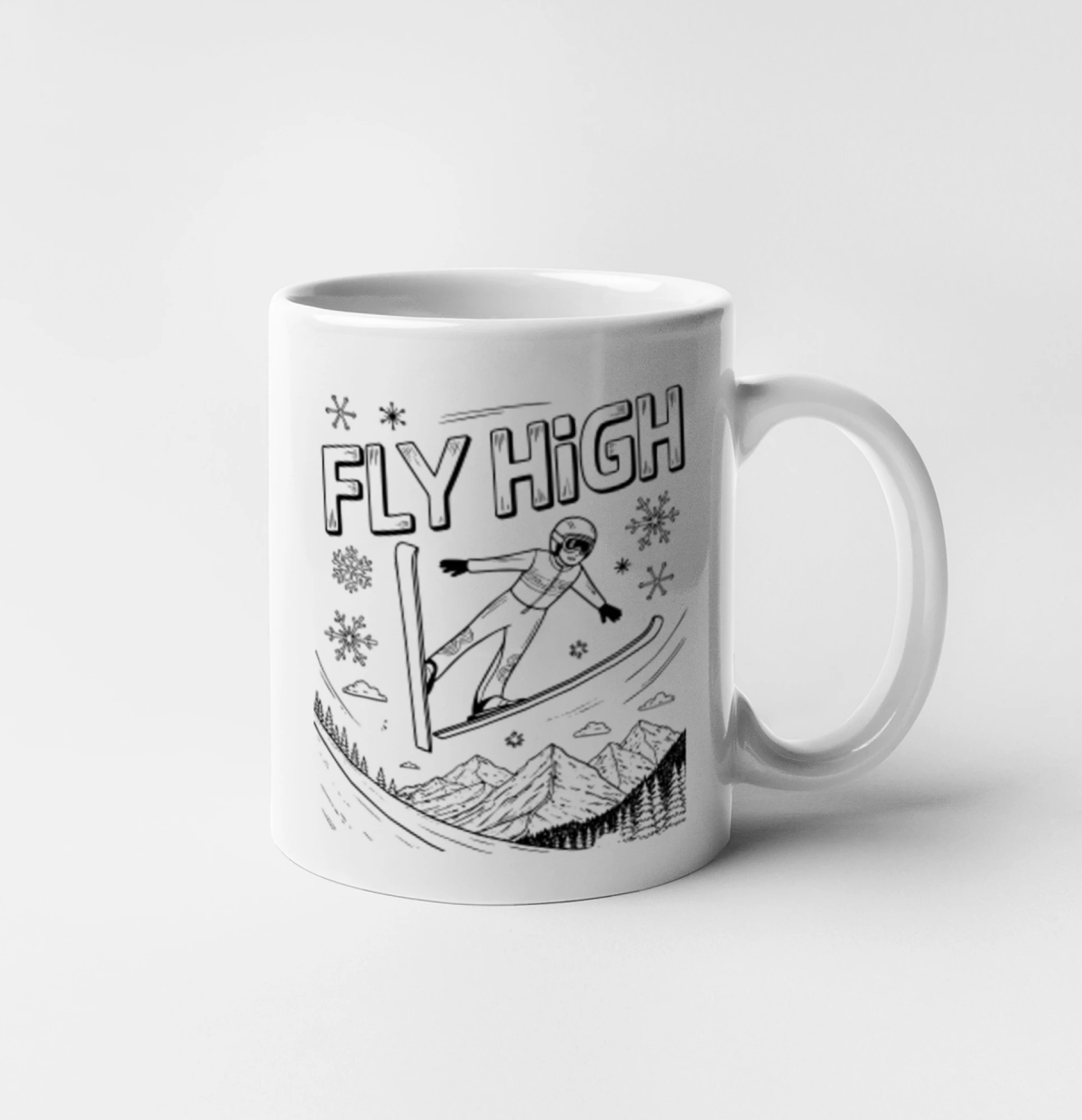 Lyže a Snowboard - Čiernobiely skokan fly high - Hrnček 