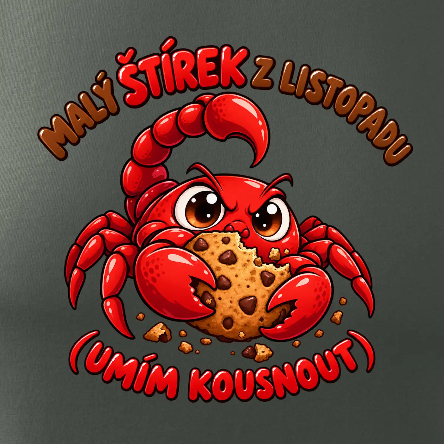 Malý listopadový štírek chrání čokoládovou sušenku