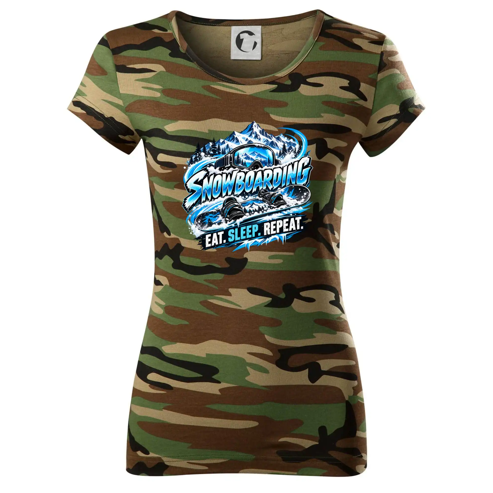Snowboard s horským sněhem eat sleep repeat