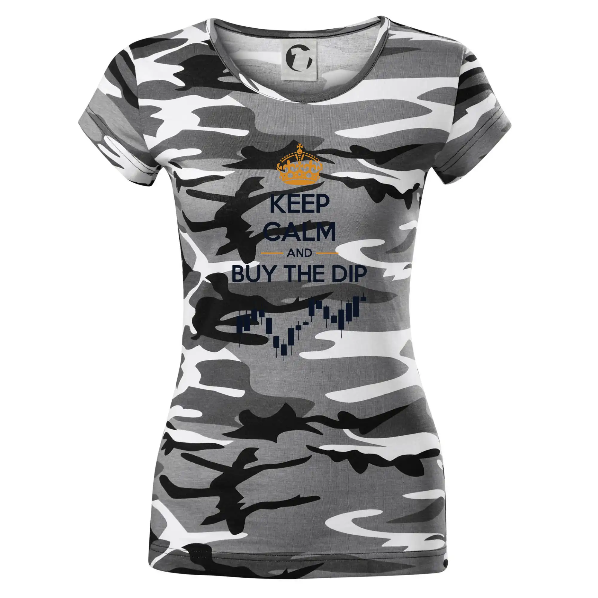 Keep Calm and Buy the Dip - koruna a graf - Dámske maskáčové tričko