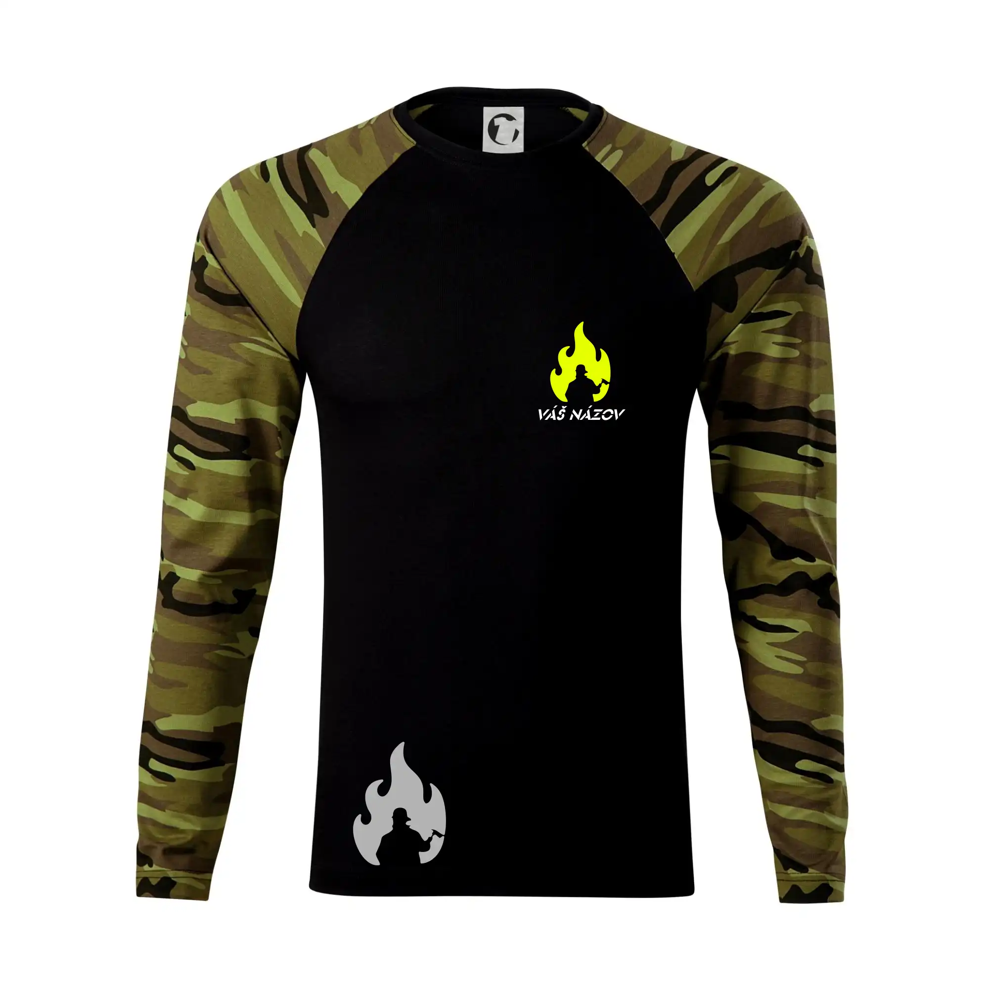 Originálne tričká pre hasičov - Hasiči - oheň - Váš názov - Prsník + chrbát - Camouflage LS