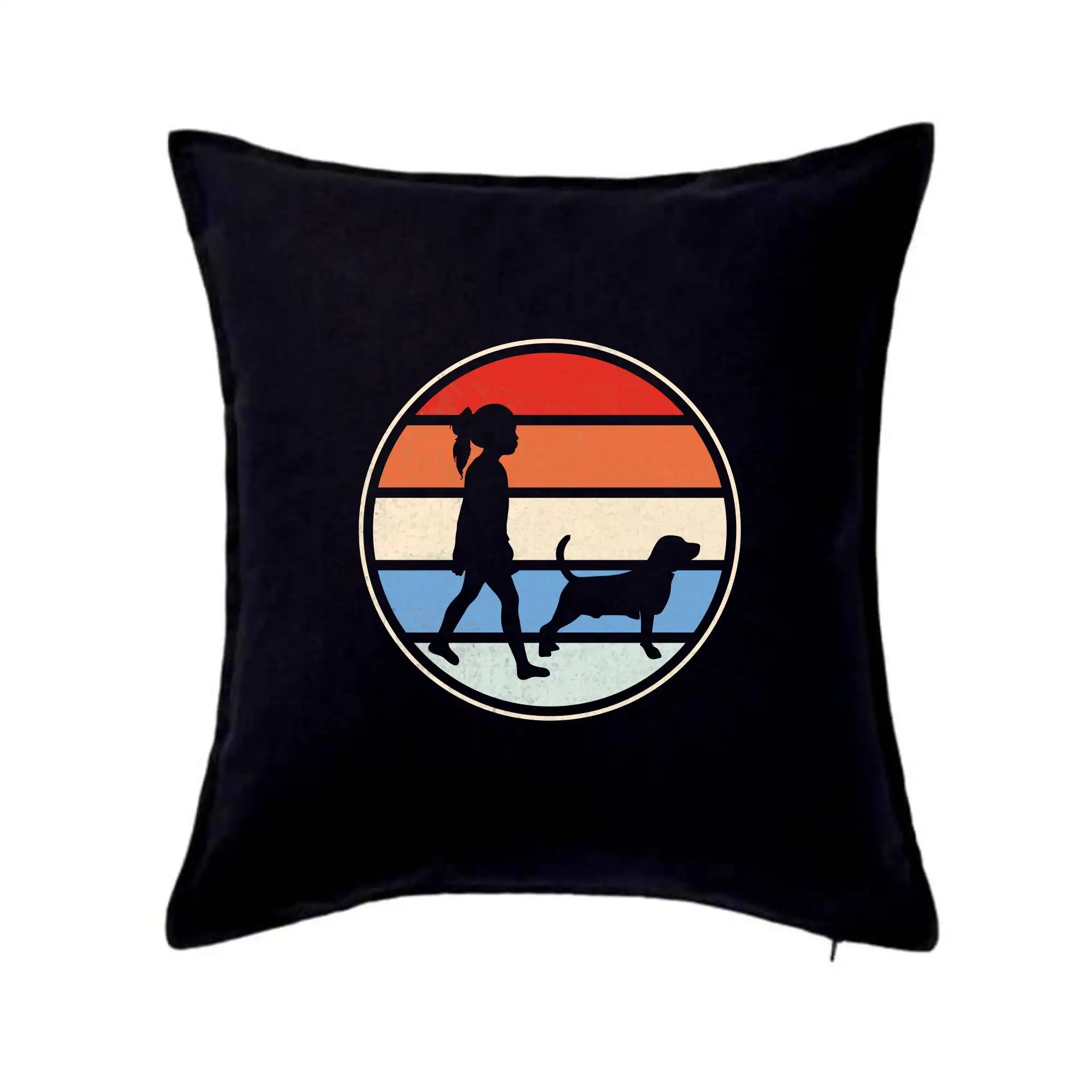 Baset na tričku - Retro kruh - dievča a pes na prechádzke - Vankúš 50x50