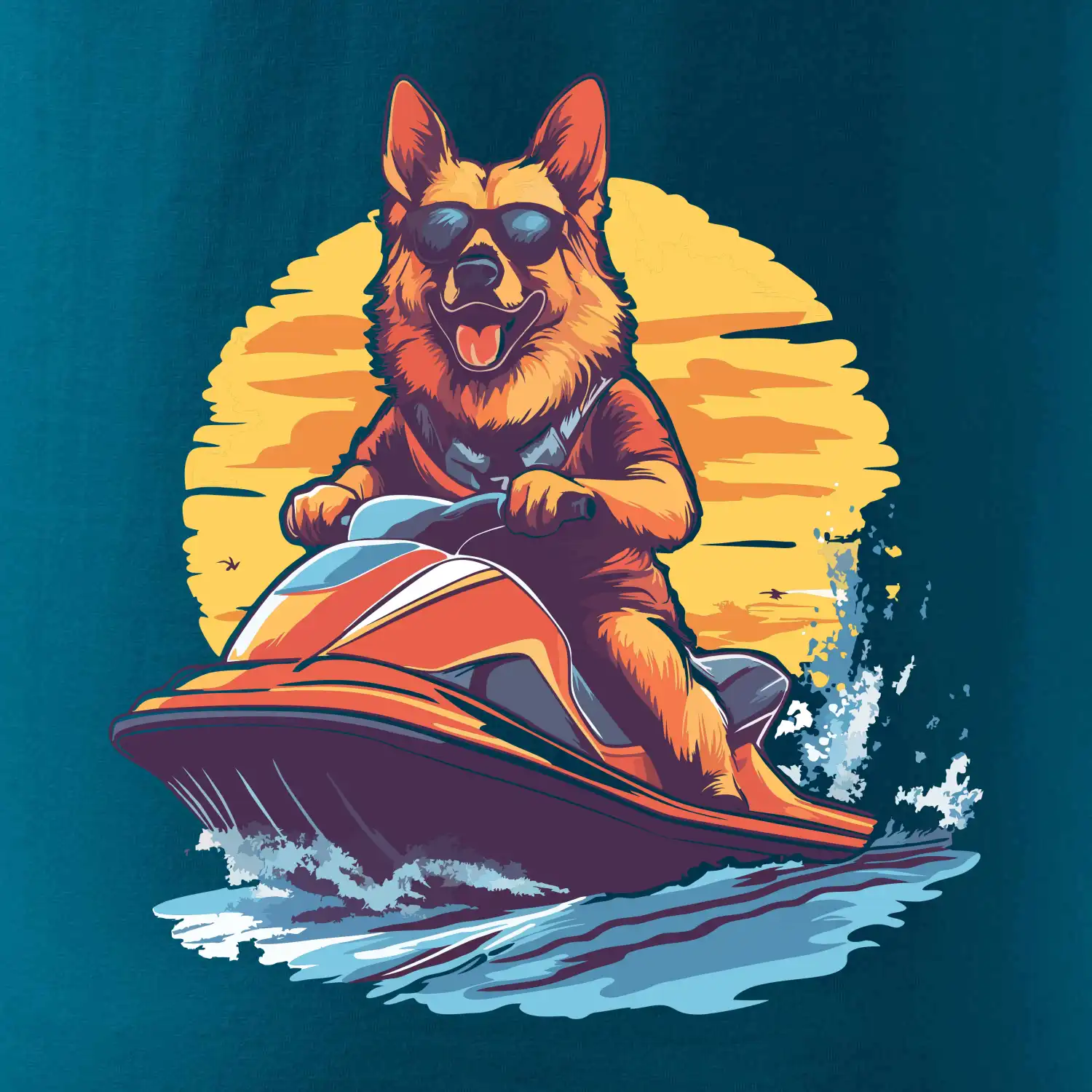 Německý ovčák na vodním skútru