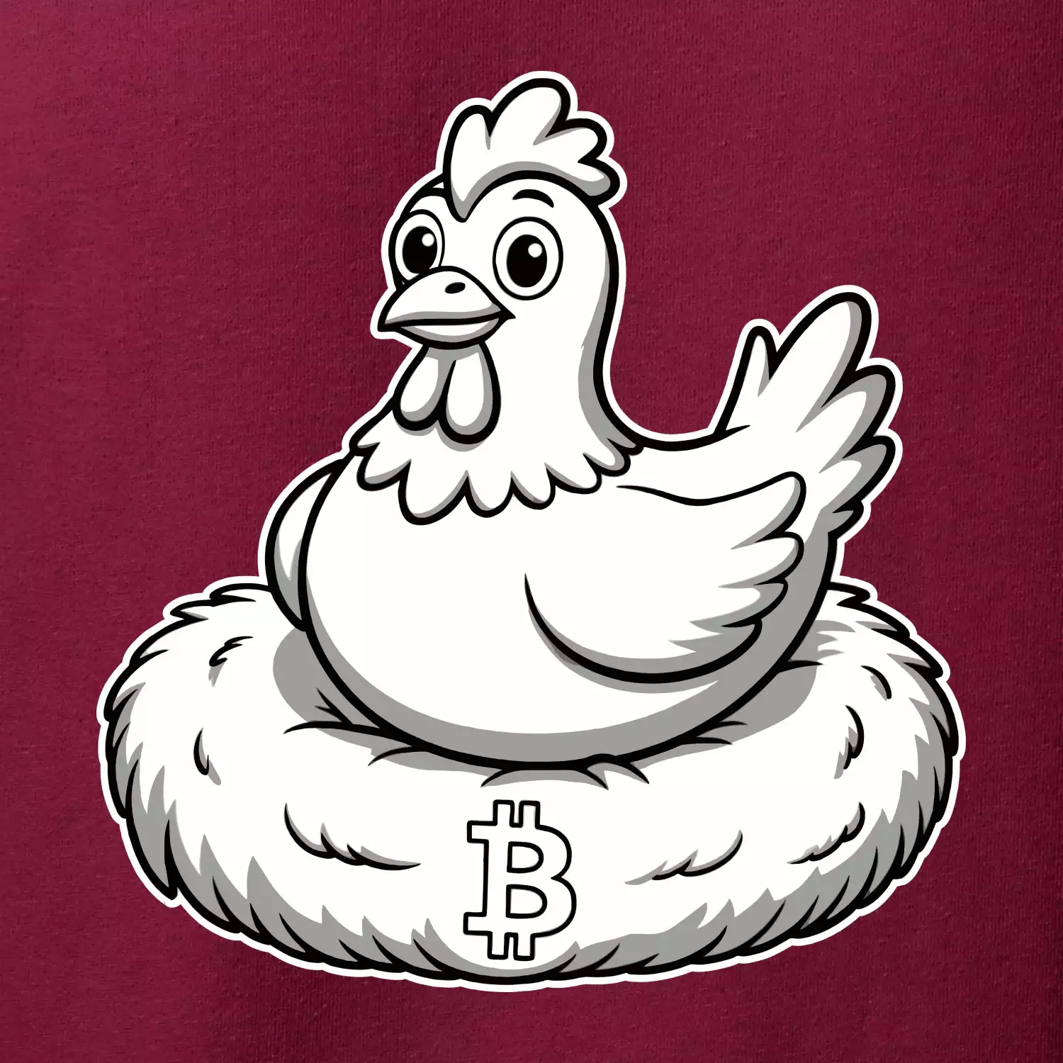 Kuře sedící na bitcoinovém hnízdě