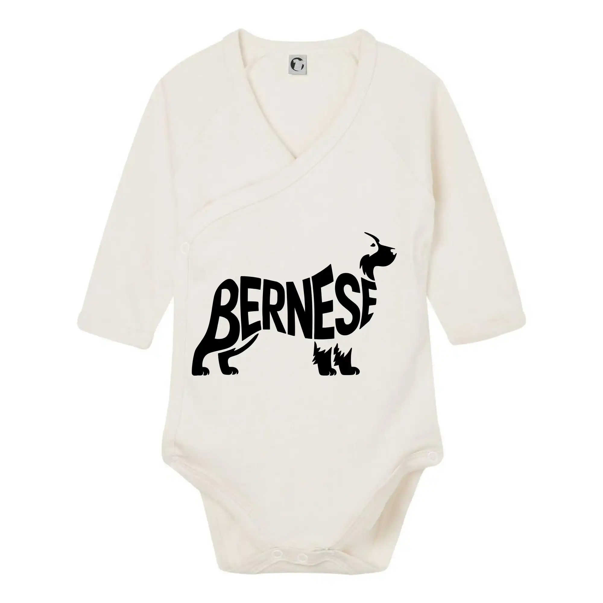Bernský salašnícky pes na tričku - Bernese Mountain Dog nápis v tele - Body zavinovacie s dlhým rukávom