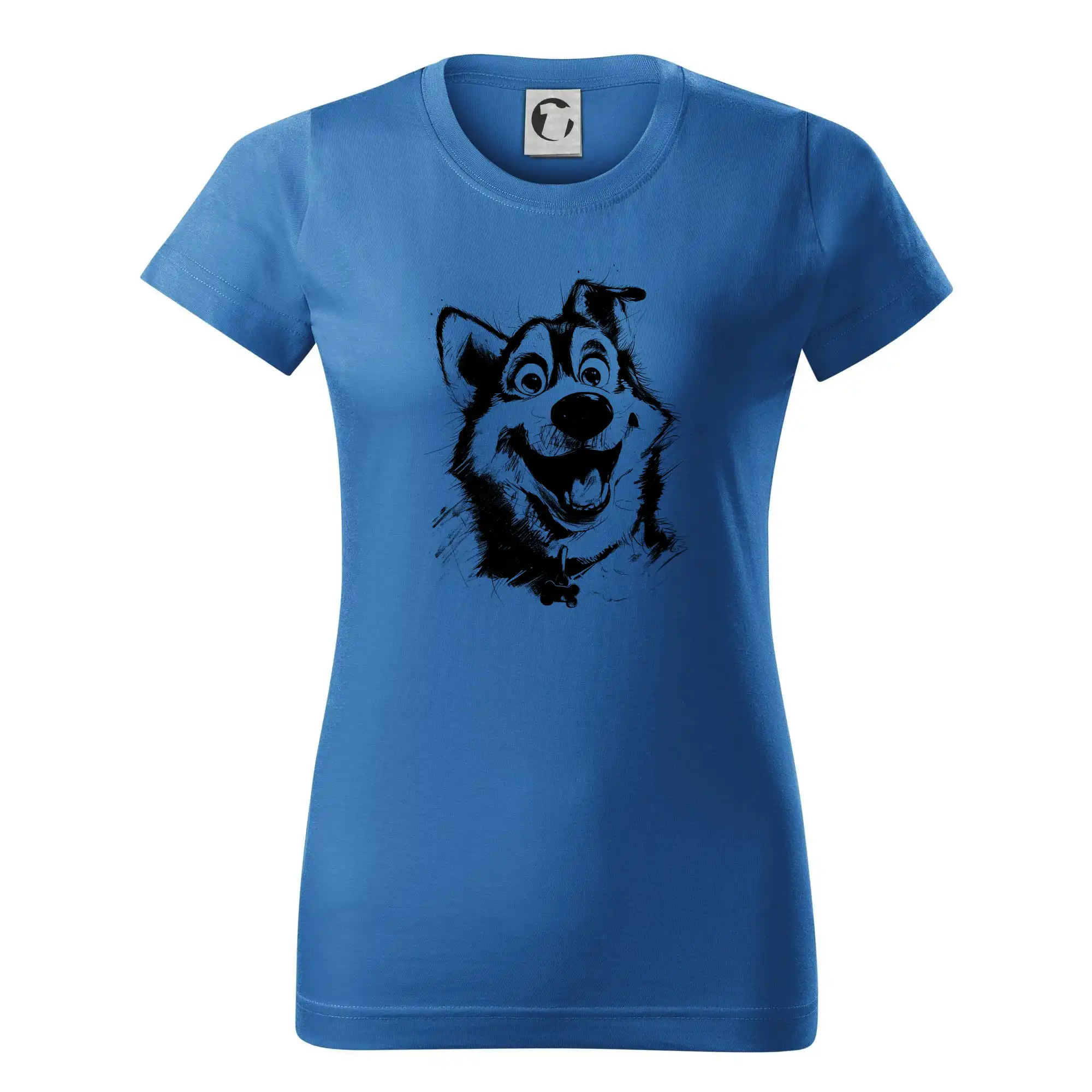 Tričká s motívom Sibírsky husky - Čiernobiela karikatúra husky - Dámske tričko basic - ľahko voľnejšie a dlhšie