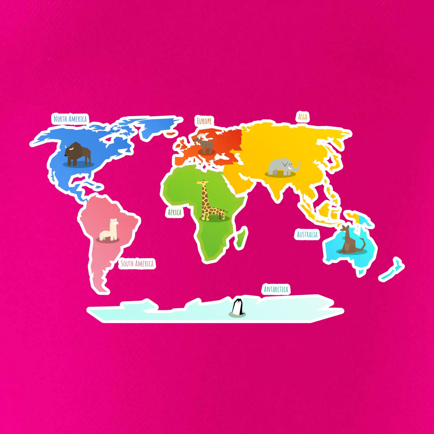 Světové kontinenty s názvy a zvířátky