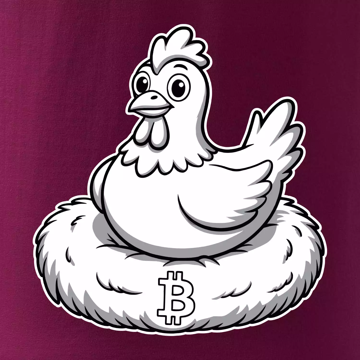 Kuře sedící na bitcoinovém hnízdě