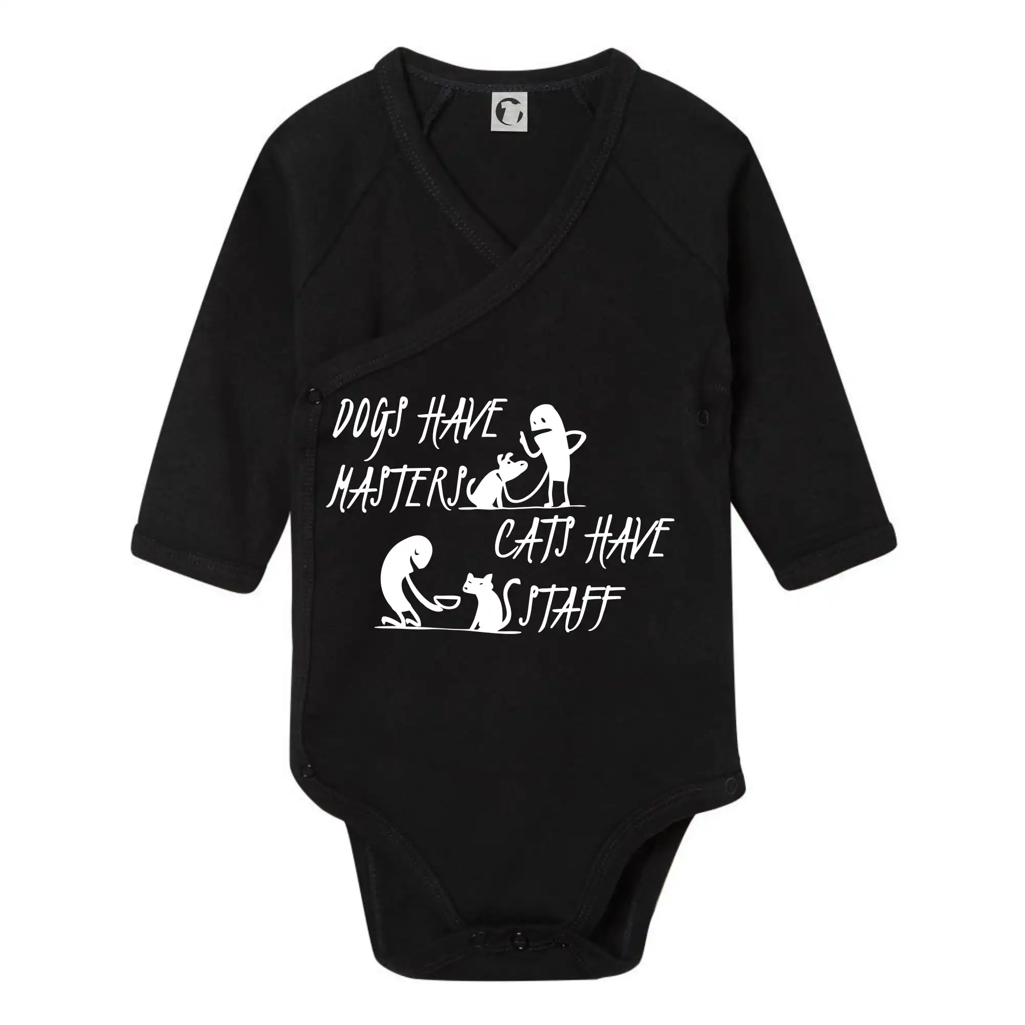 Vtipná tričká s mačkou - Dogs have masters, cats have staff - Body zavinovacie s dlhým rukávom