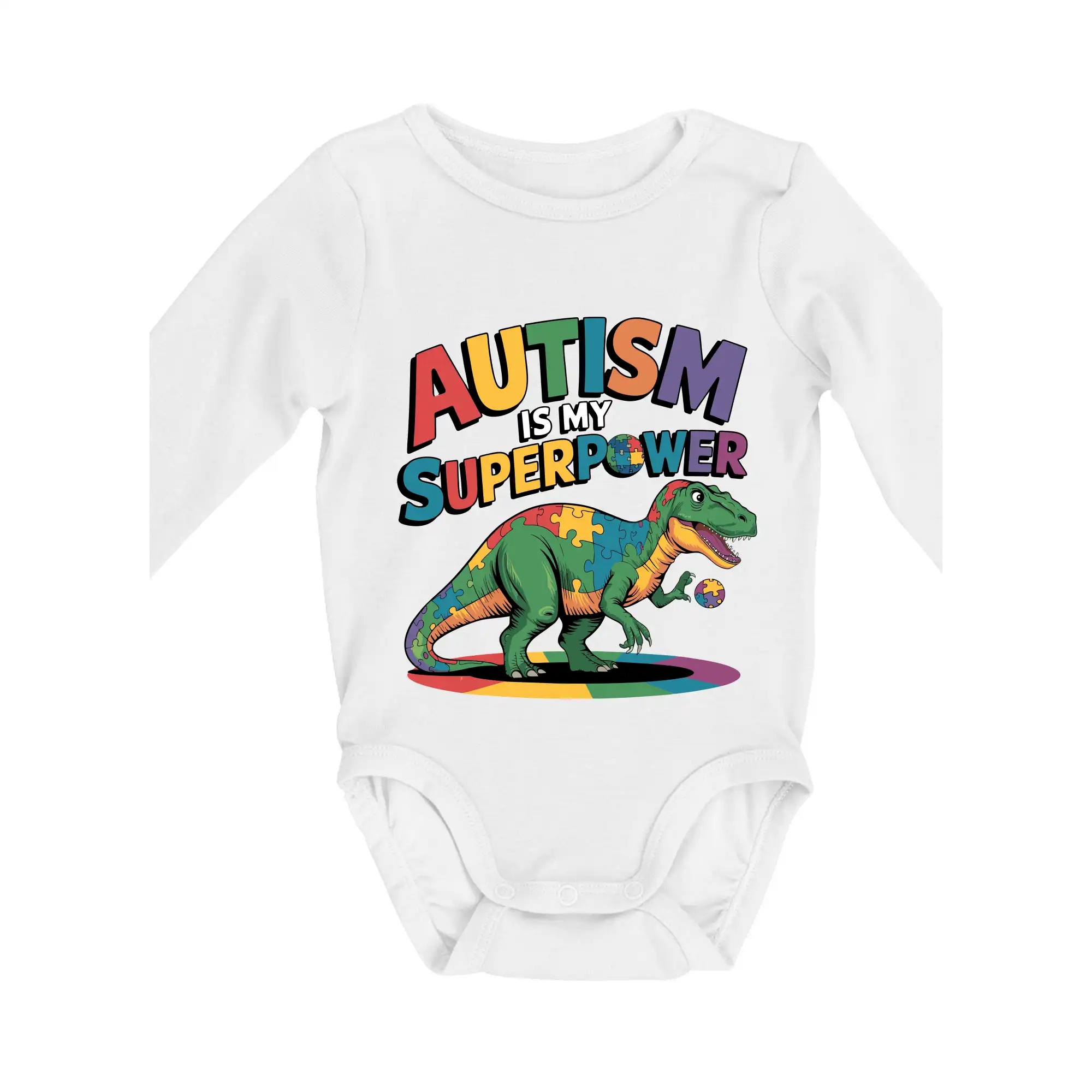 Tričká a mikiny pre autistov - Autism is my superpower dinosaurus - Body dojčenské s dlhým rukávom