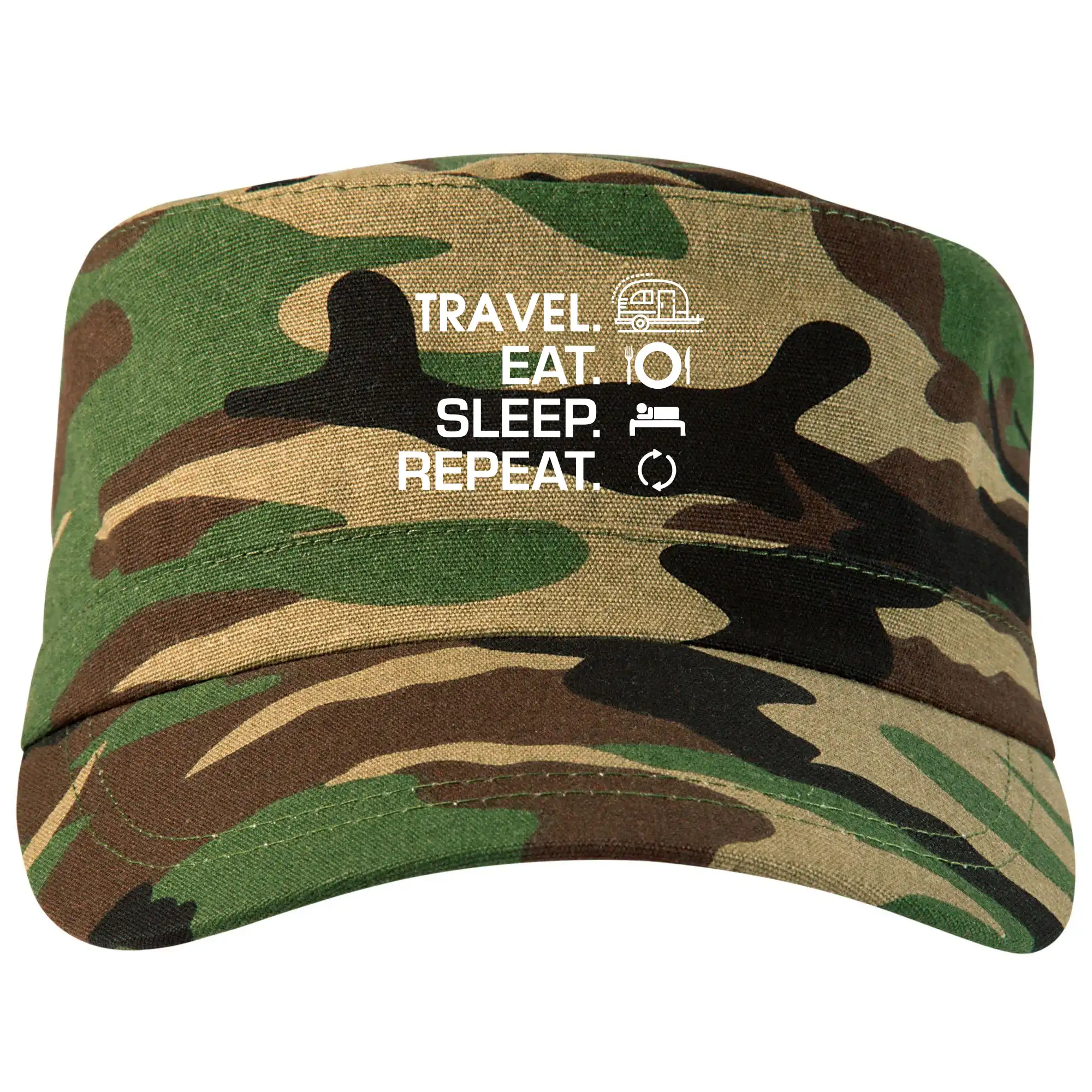 Trička na kempovanie - Eat sleep travel - Malý príves - Šiltovka CAMO