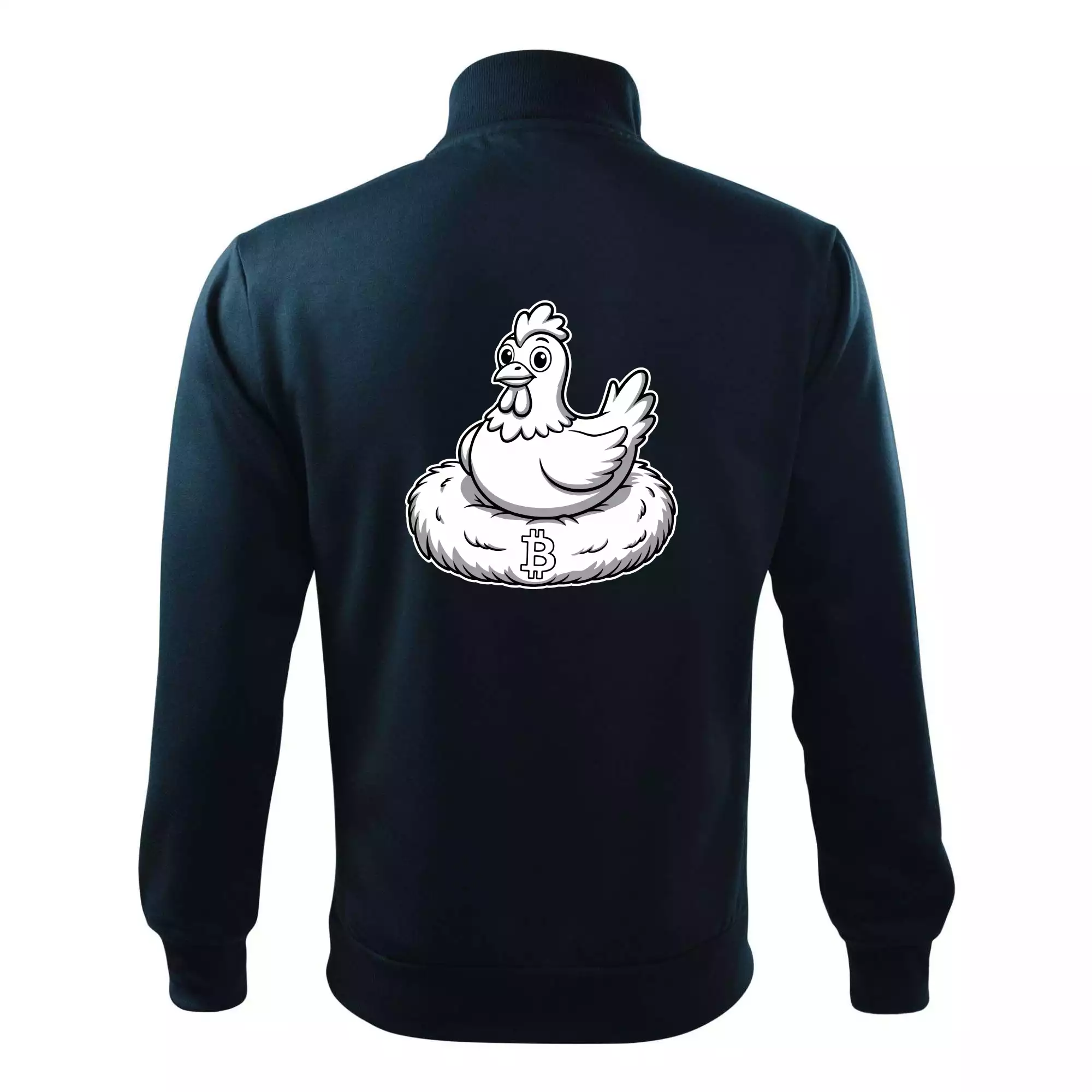 Kuře sedící na bitcoinovém hnízdě