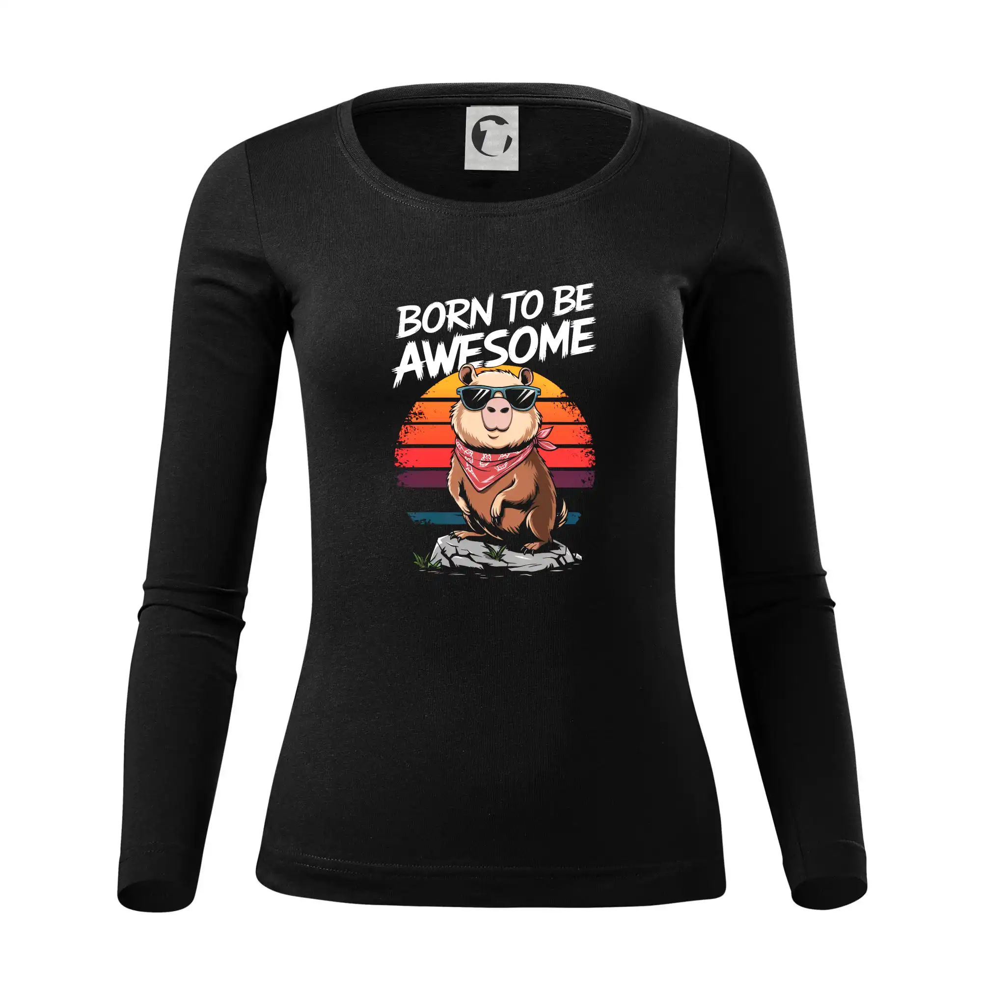 Tričká so zvieratami - Capybara born be awesome nápis hore - Dámske tričko FIT-T LS - zužené