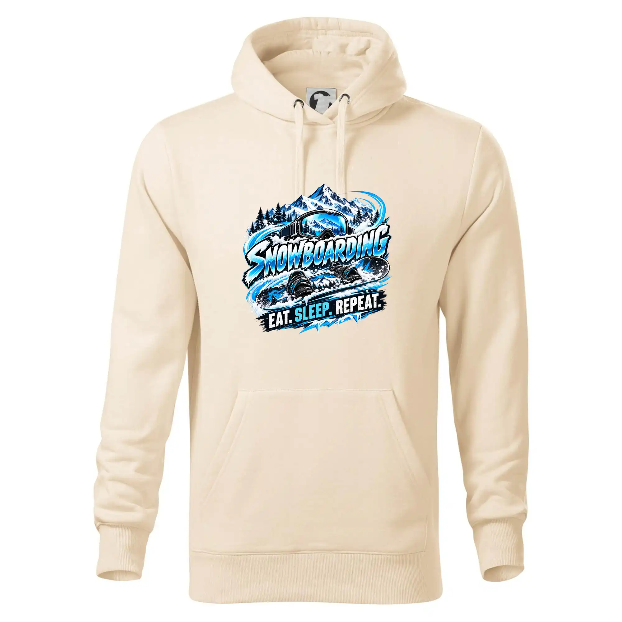 Snowboard s horským sněhem eat sleep repeat